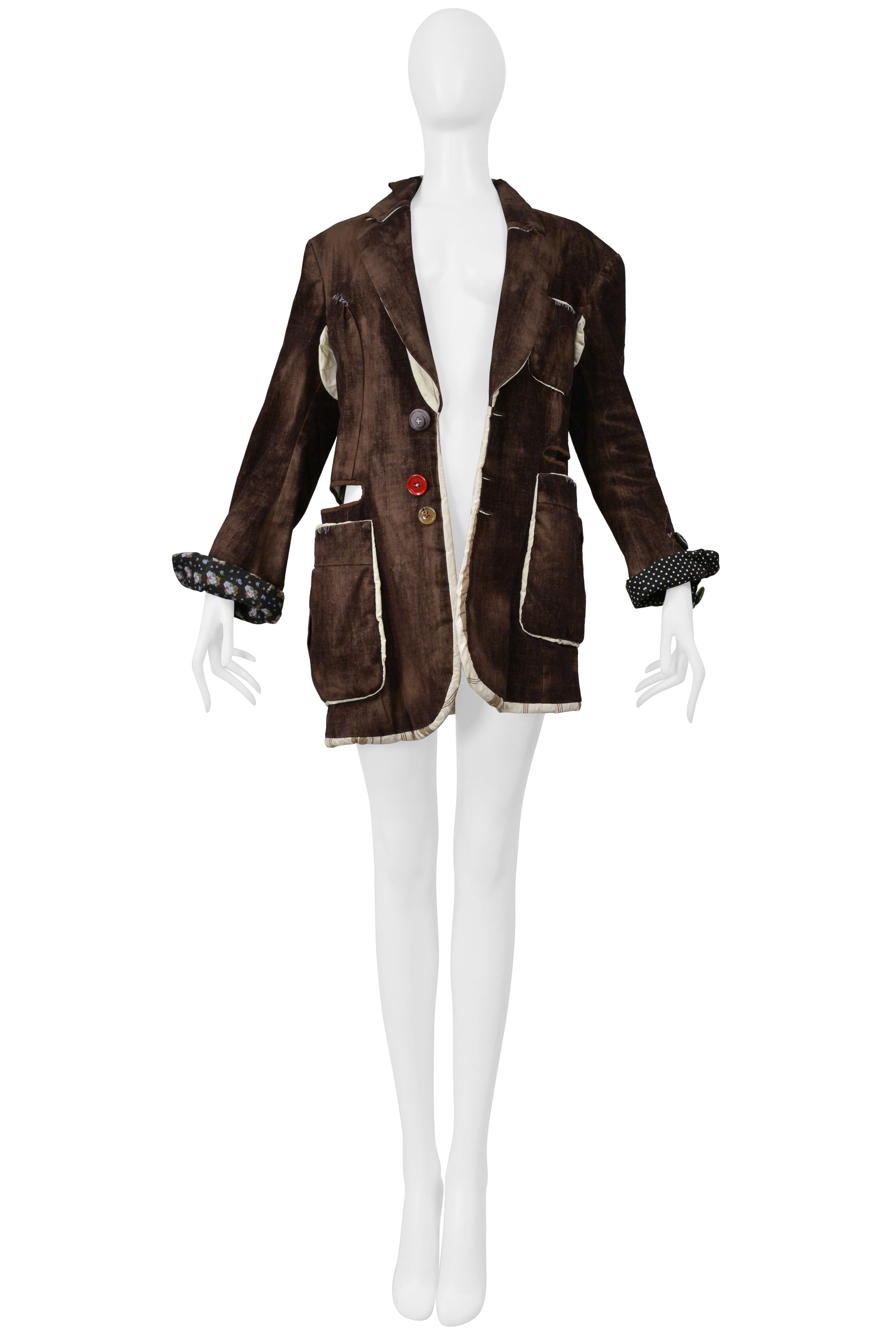 UNDERCOVER DECONSTRUCTED BROWN DISTRESSED VELVET JACKET WITH CUTOUTS 2004