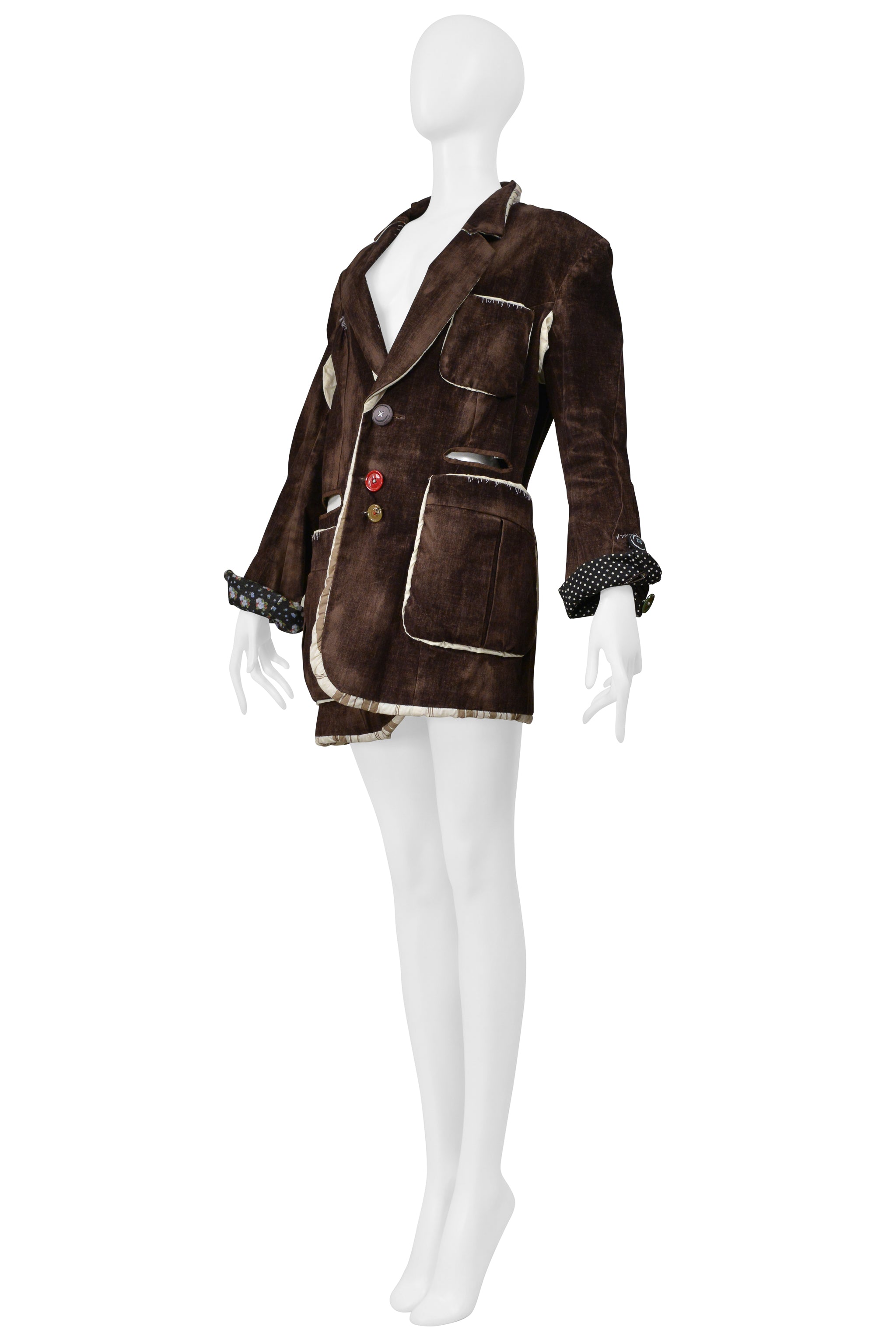 UNDERCOVER DECONSTRUCTED BROWN DISTRESSED VELVET JACKET WITH CUTOUTS 2004