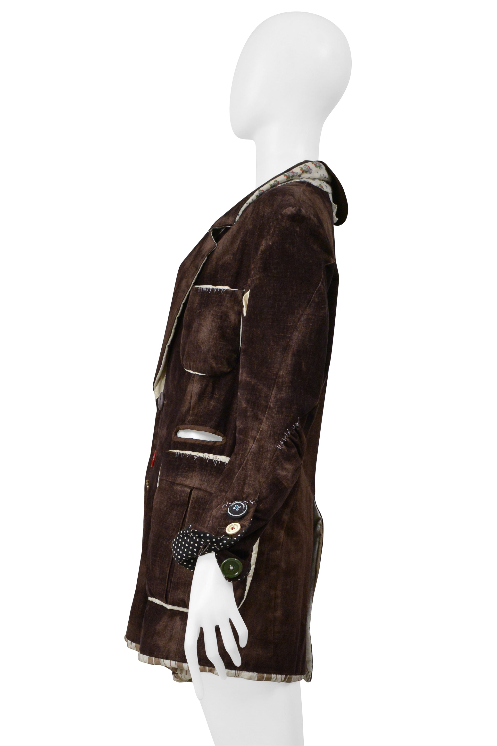 UNDERCOVER DECONSTRUCTED BROWN DISTRESSED VELVET JACKET WITH CUTOUTS 2004