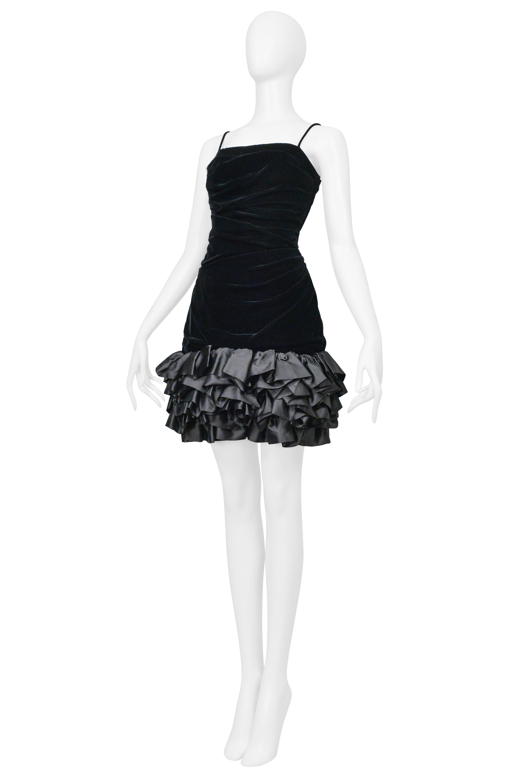 UNGARO BLACK VELVET COCKTAIL DRESS WITH SATIN RUFFLE HEM