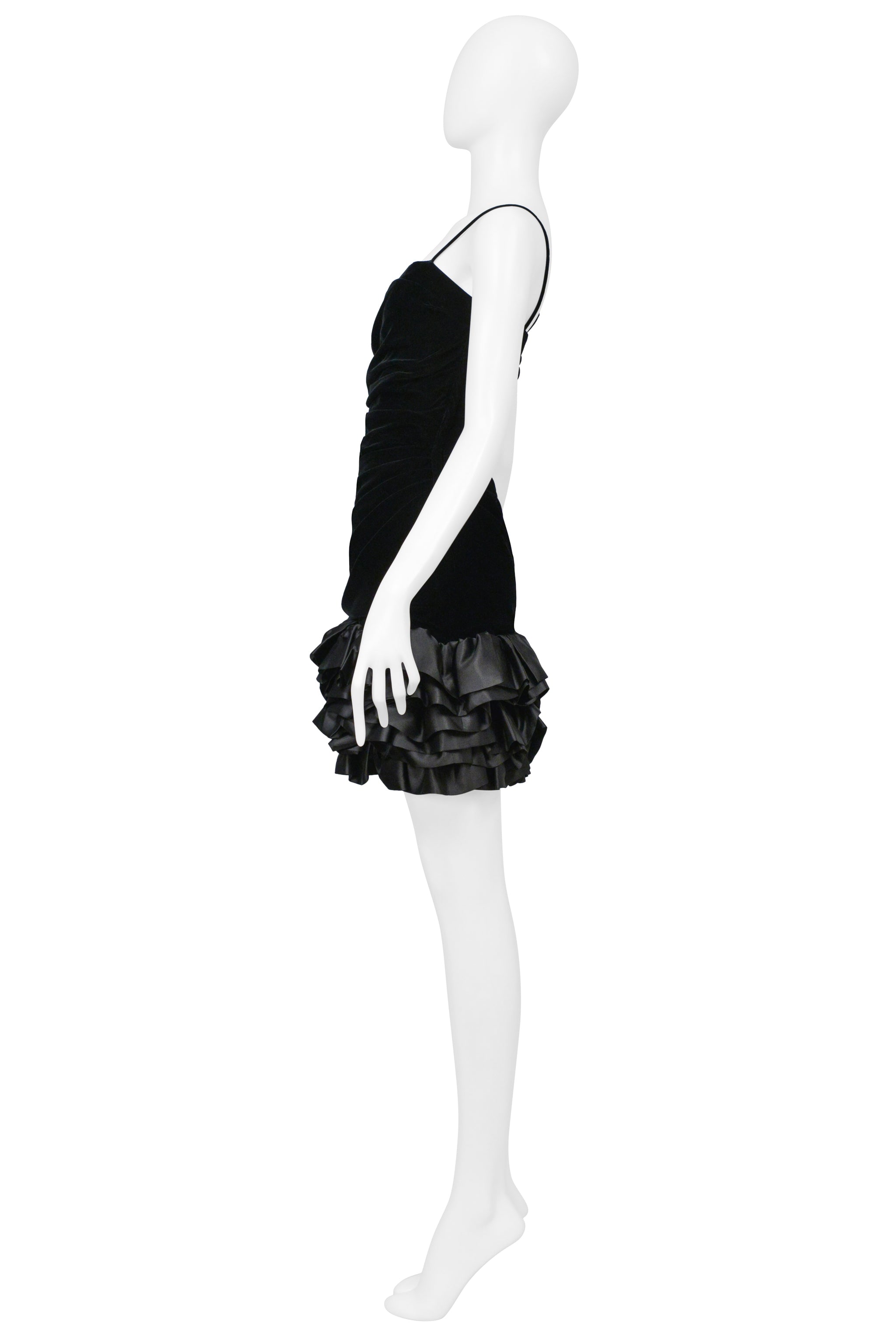UNGARO BLACK VELVET COCKTAIL DRESS WITH SATIN RUFFLE HEM