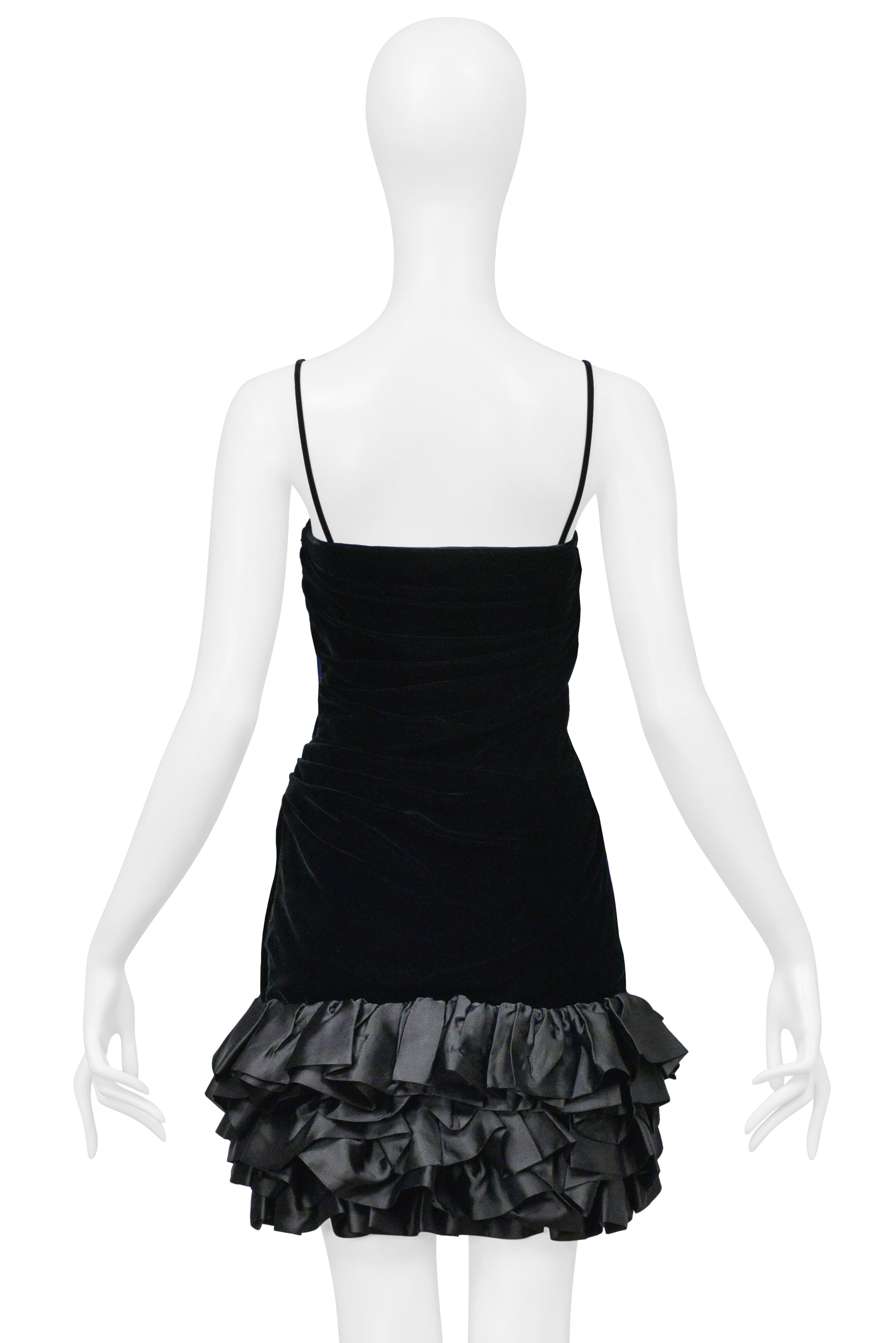 UNGARO BLACK VELVET COCKTAIL DRESS WITH SATIN RUFFLE HEM