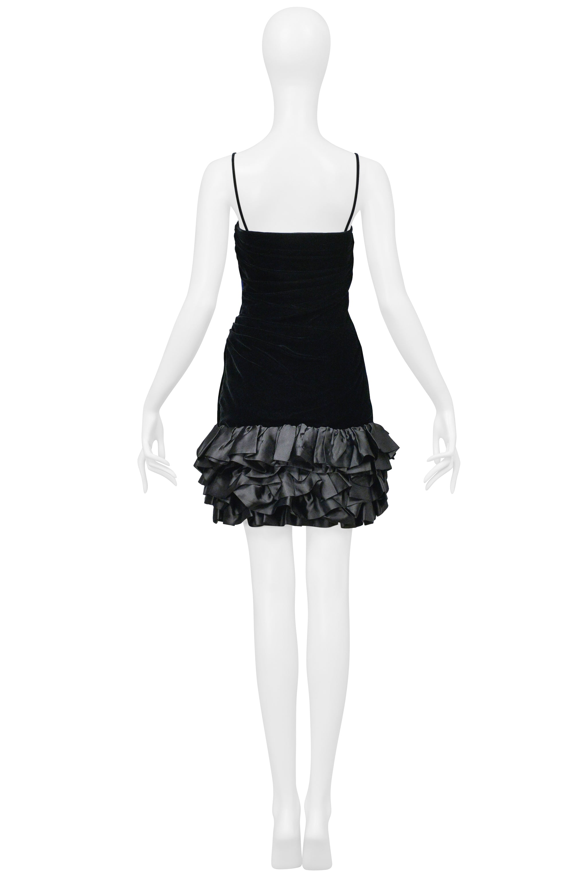 UNGARO BLACK VELVET COCKTAIL DRESS WITH SATIN RUFFLE HEM