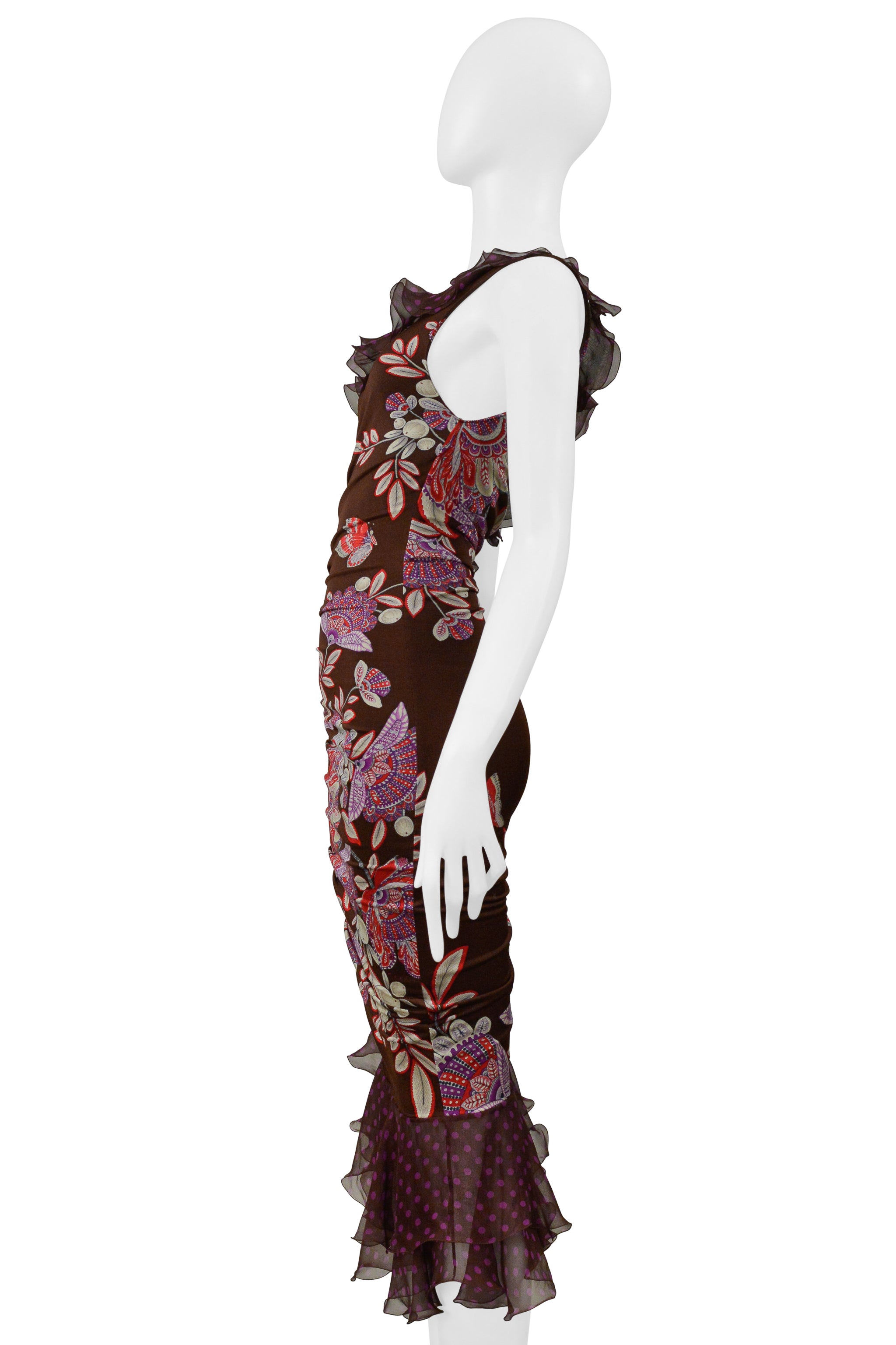 UNGARO BY GIAMBATTISTA VALLI ASYMMETRICAL BROWN AND PURPLE FLORAL POLKA DOT DRESS 2003