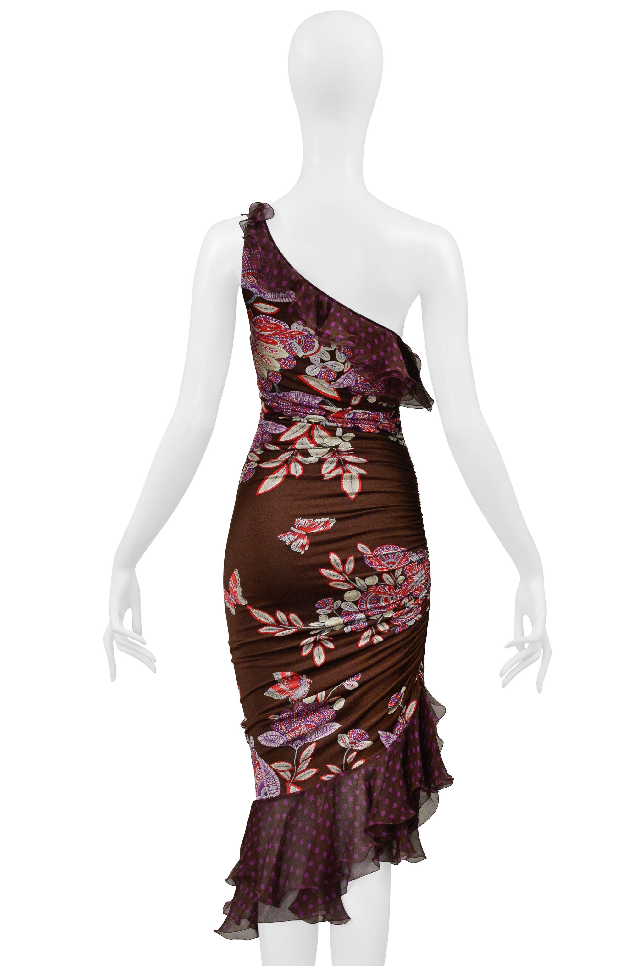 UNGARO BY GIAMBATTISTA VALLI ASYMMETRICAL BROWN AND PURPLE FLORAL POLKA DOT DRESS 2003