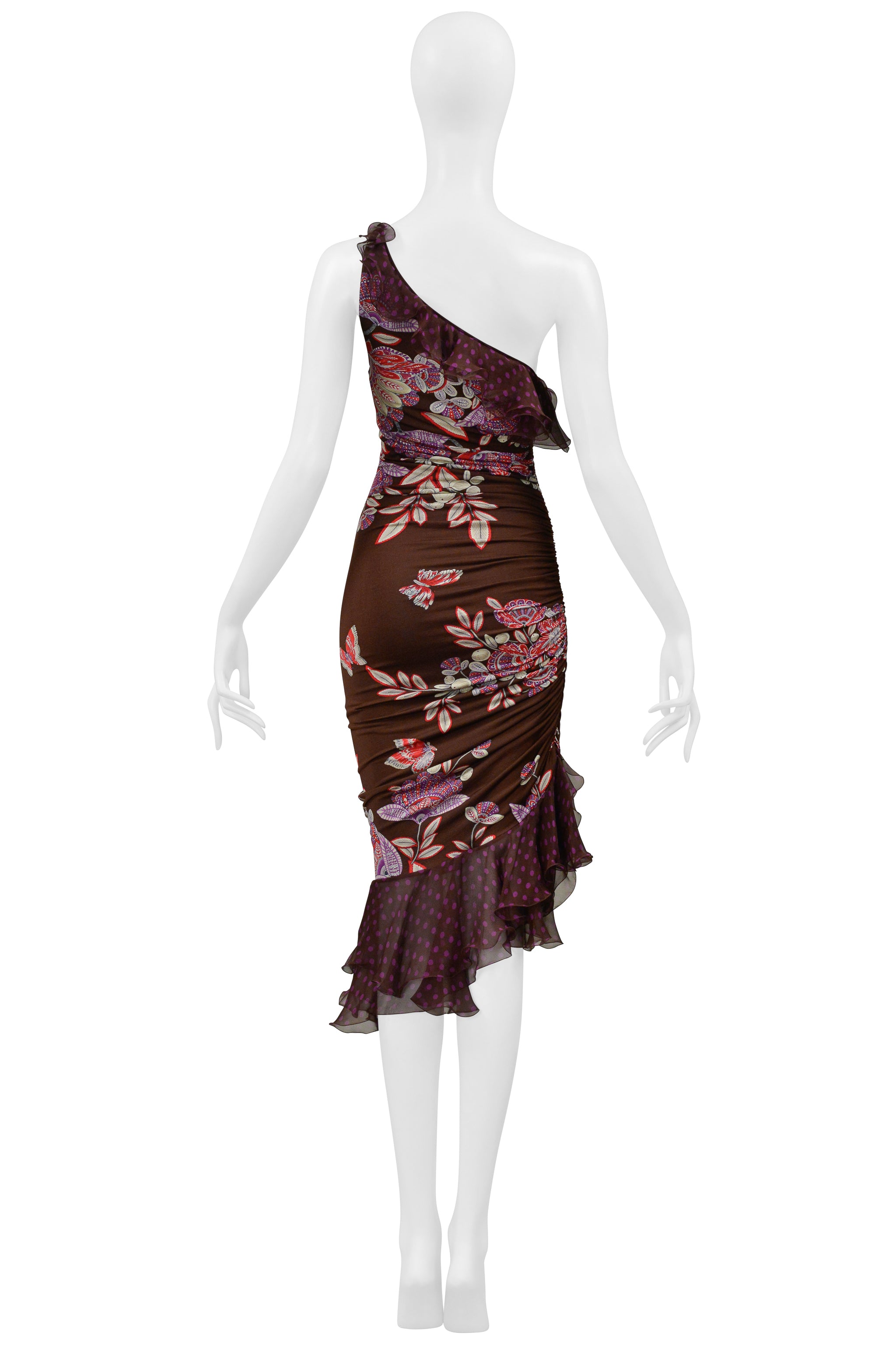 UNGARO BY GIAMBATTISTA VALLI ASYMMETRICAL BROWN AND PURPLE FLORAL POLKA DOT DRESS 2003