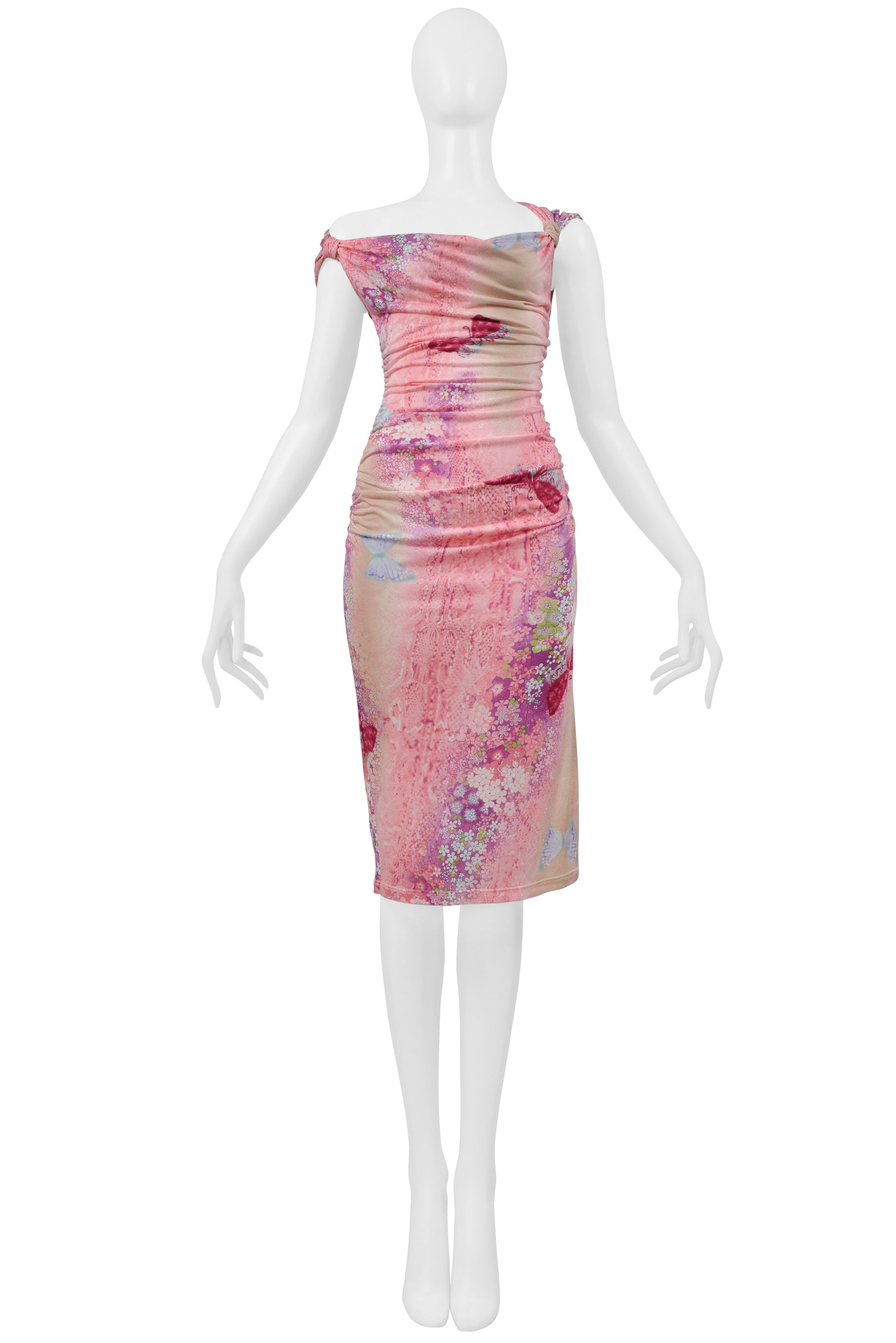 UNGARO BY GIAMBATTISTA VALLI PINK AND PURPLE BUTTERFLY PRINT WIGGLE DRESS