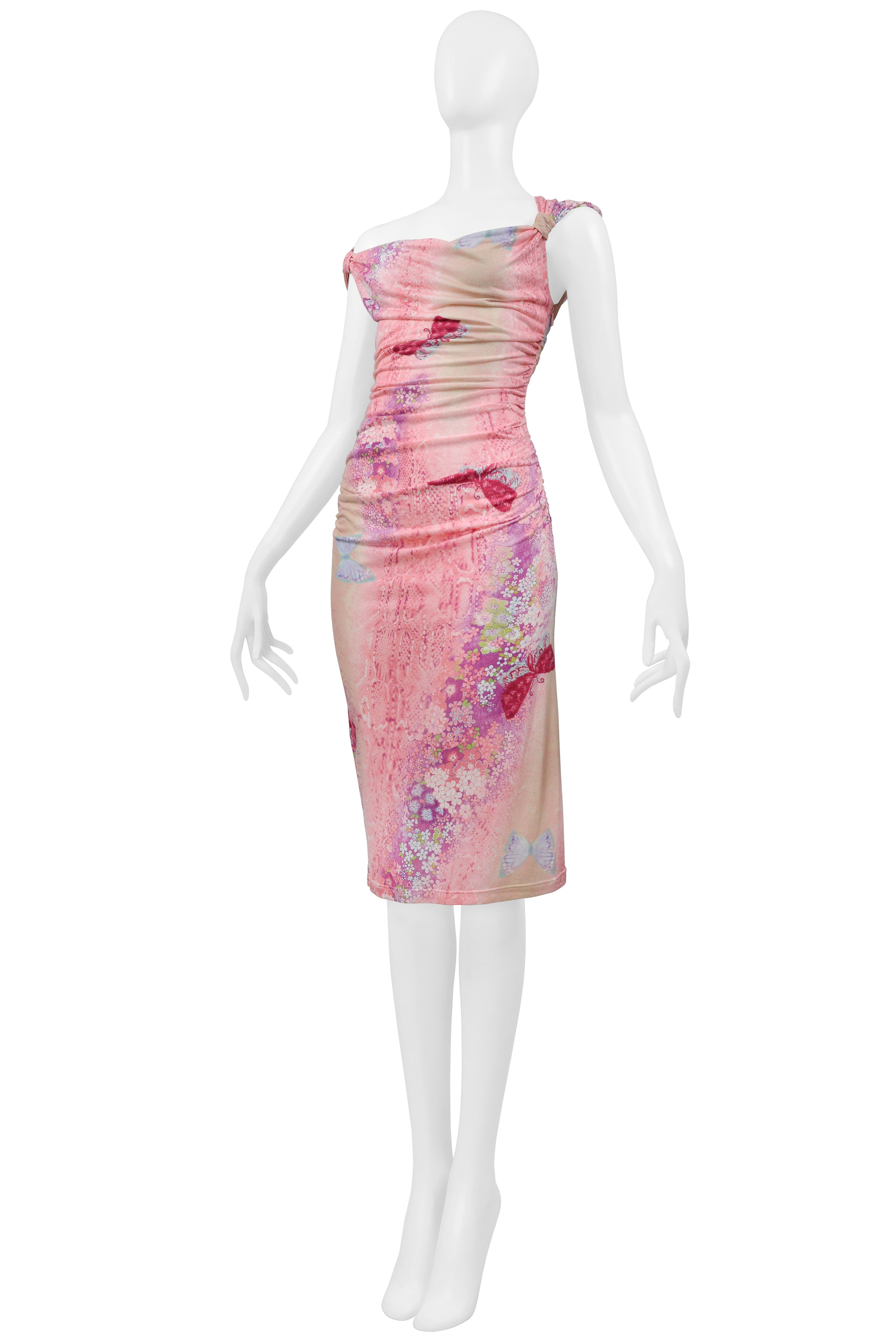 UNGARO BY GIAMBATTISTA VALLI PINK AND PURPLE BUTTERFLY PRINT WIGGLE DRESS