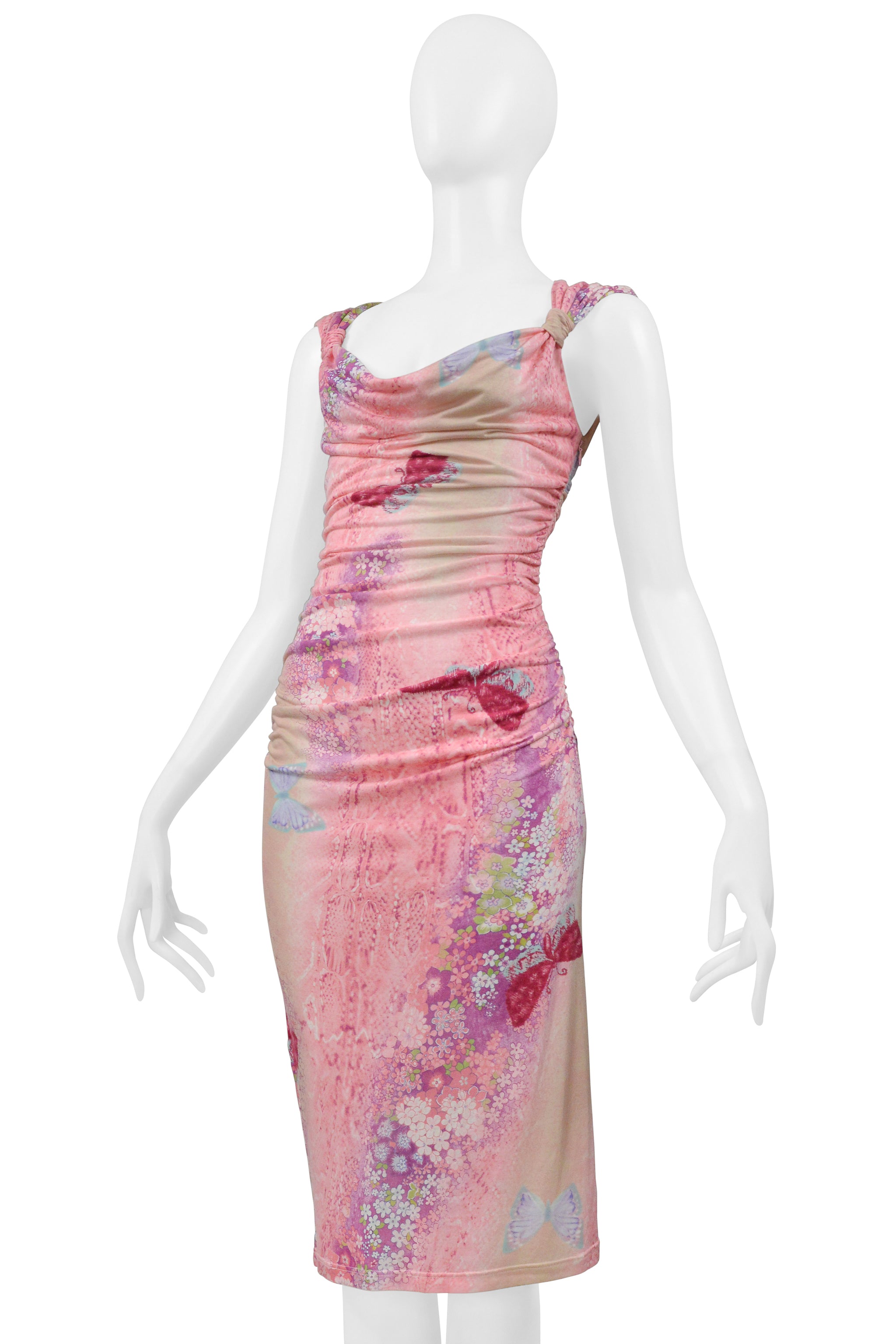 UNGARO BY GIAMBATTISTA VALLI PINK AND PURPLE BUTTERFLY PRINT WIGGLE DRESS