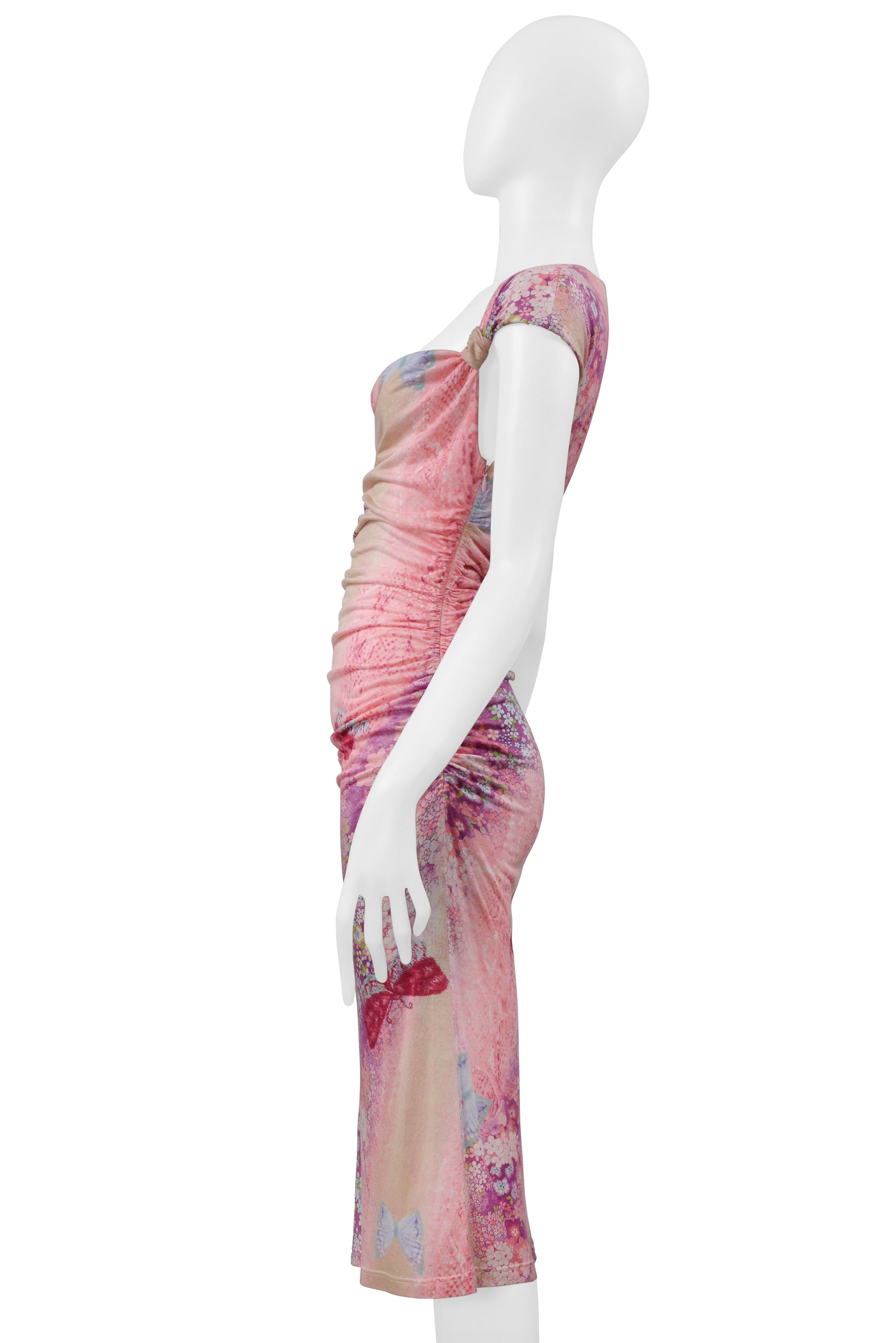 UNGARO BY GIAMBATTISTA VALLI PINK AND PURPLE BUTTERFLY PRINT WIGGLE DRESS