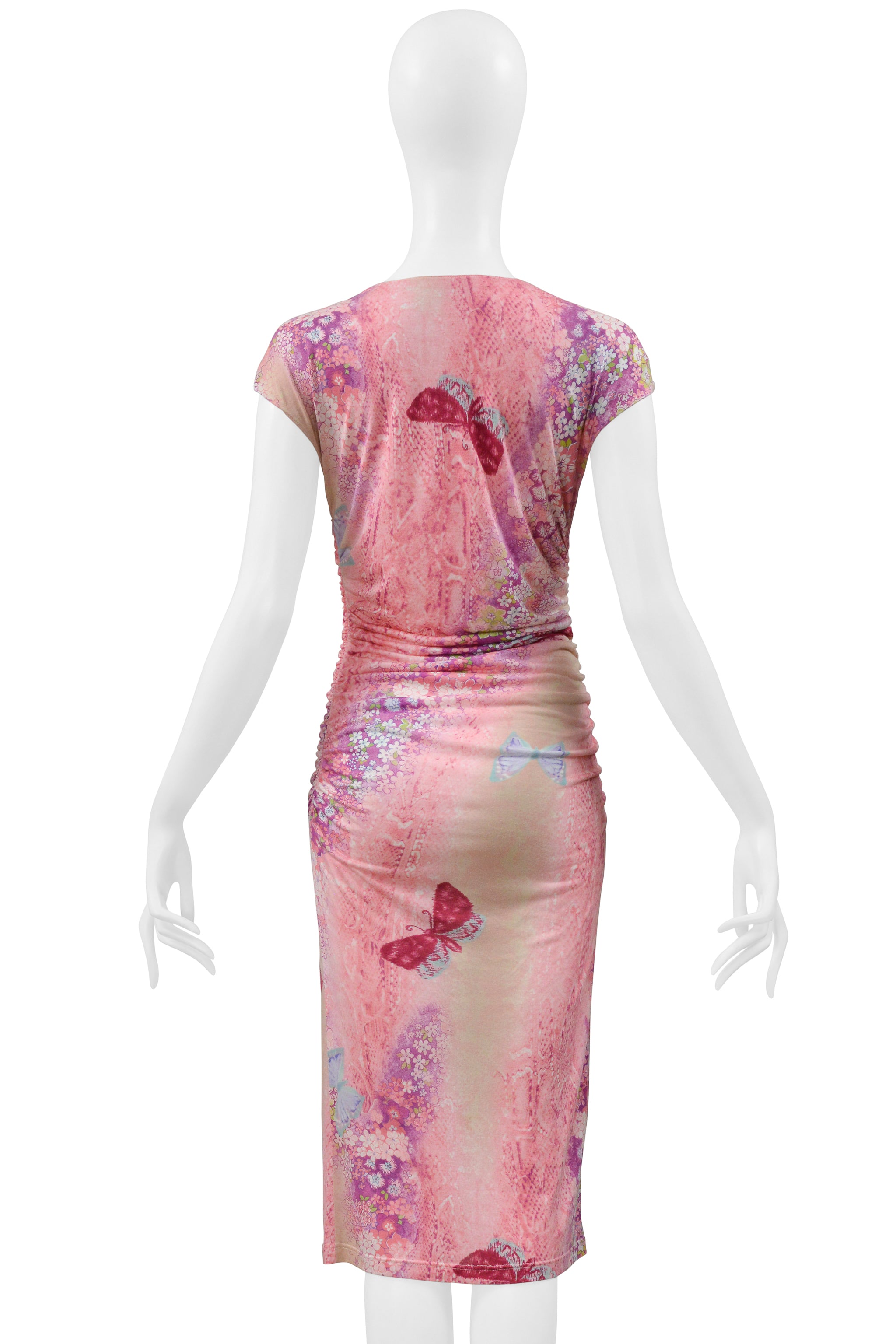 UNGARO BY GIAMBATTISTA VALLI PINK AND PURPLE BUTTERFLY PRINT WIGGLE DRESS