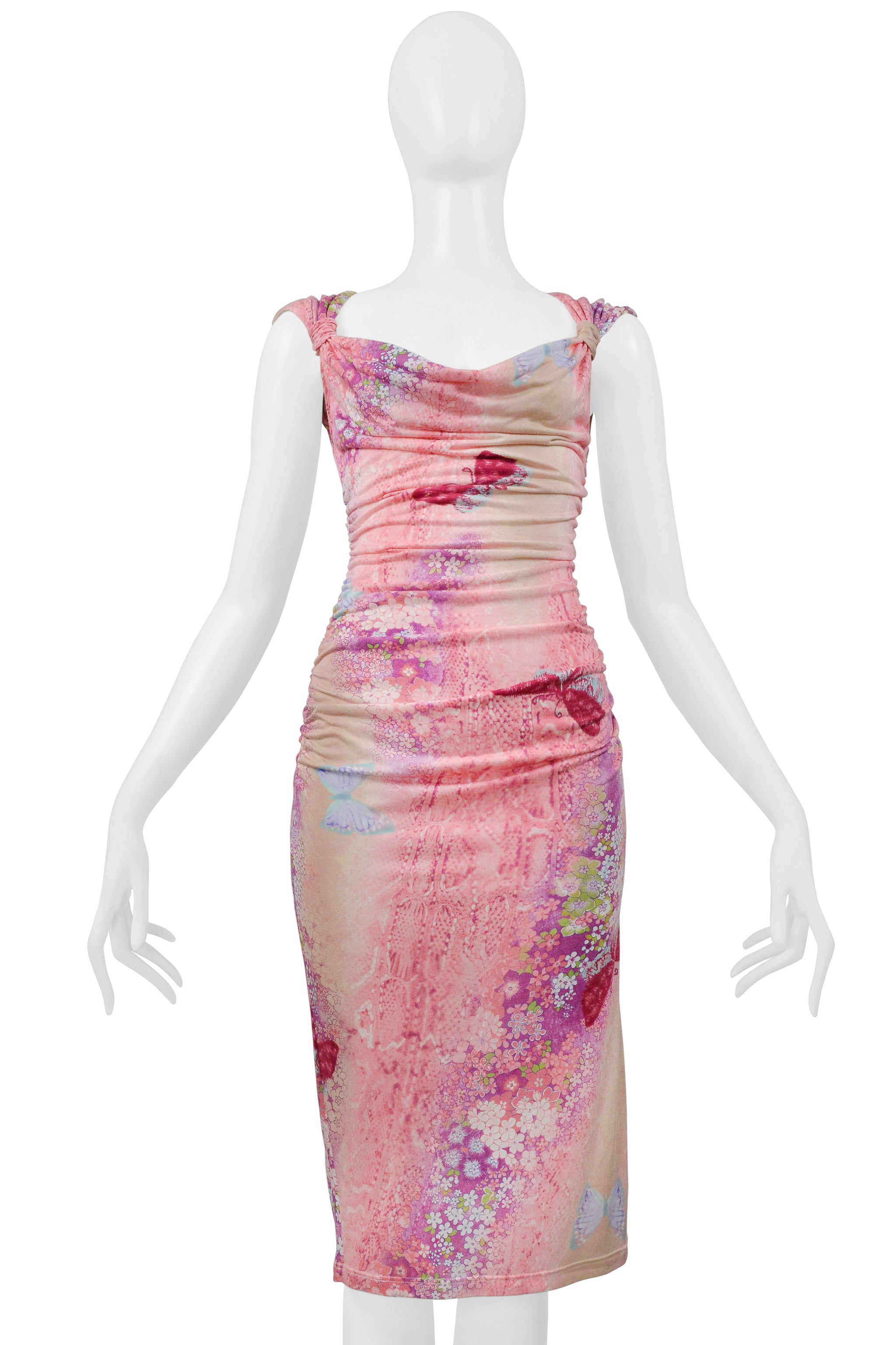 UNGARO BY GIAMBATTISTA VALLI PINK AND PURPLE BUTTERFLY PRINT WIGGLE DRESS