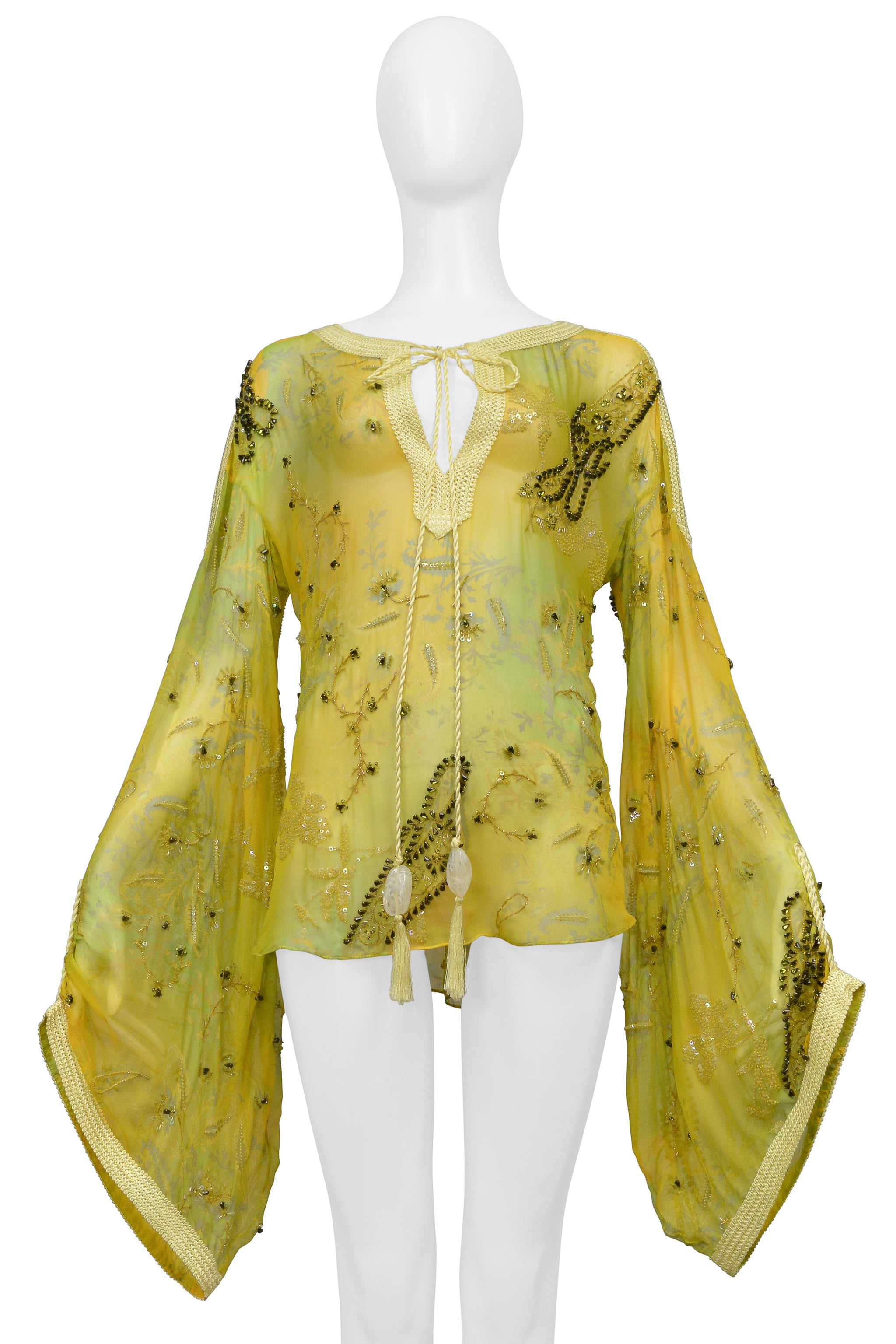 UNGARO YELLOW AND GREEN EMBROIDERED BEAD SILK BLOUSE TOP