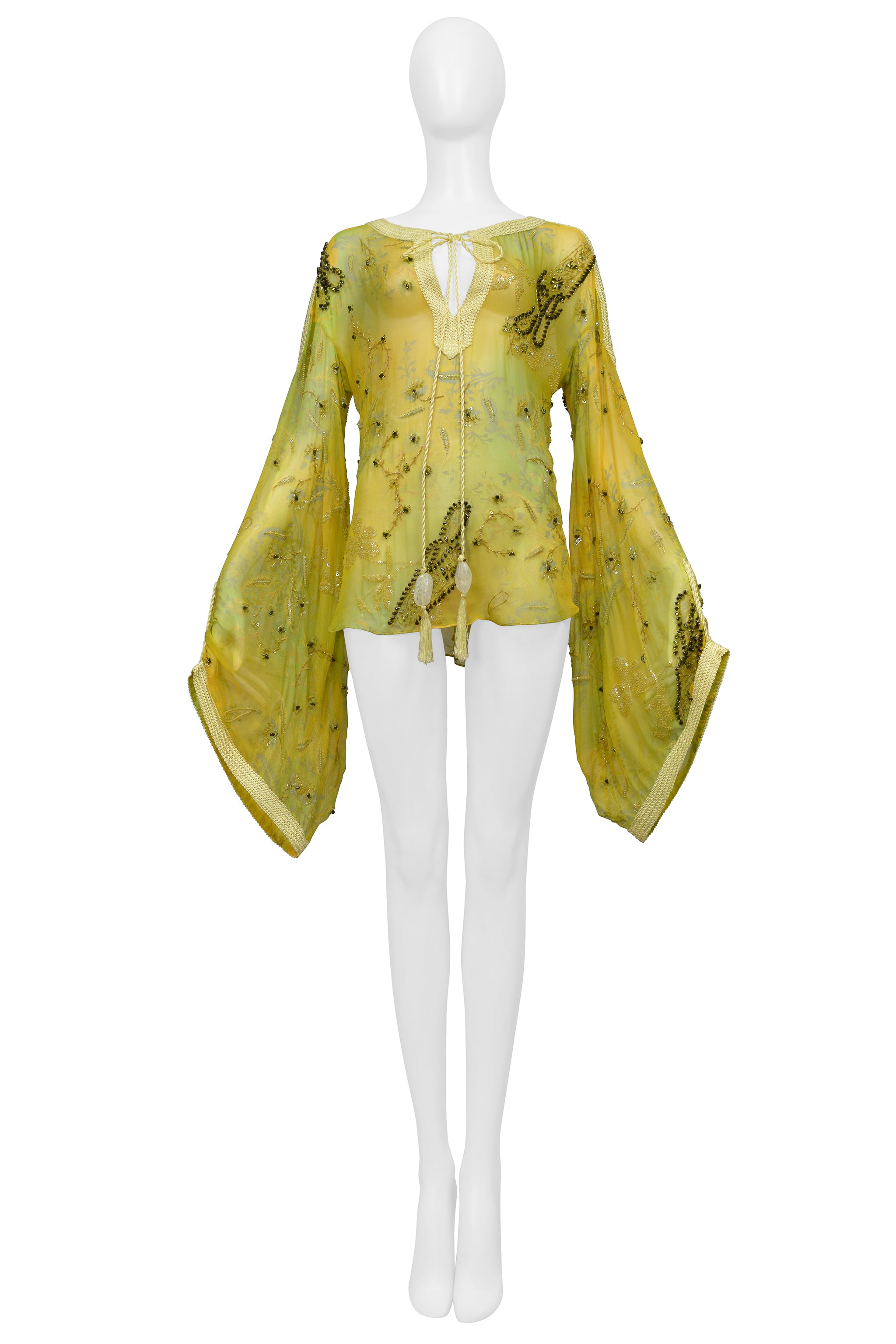 UNGARO YELLOW AND GREEN EMBROIDERED BEAD SILK BLOUSE TOP