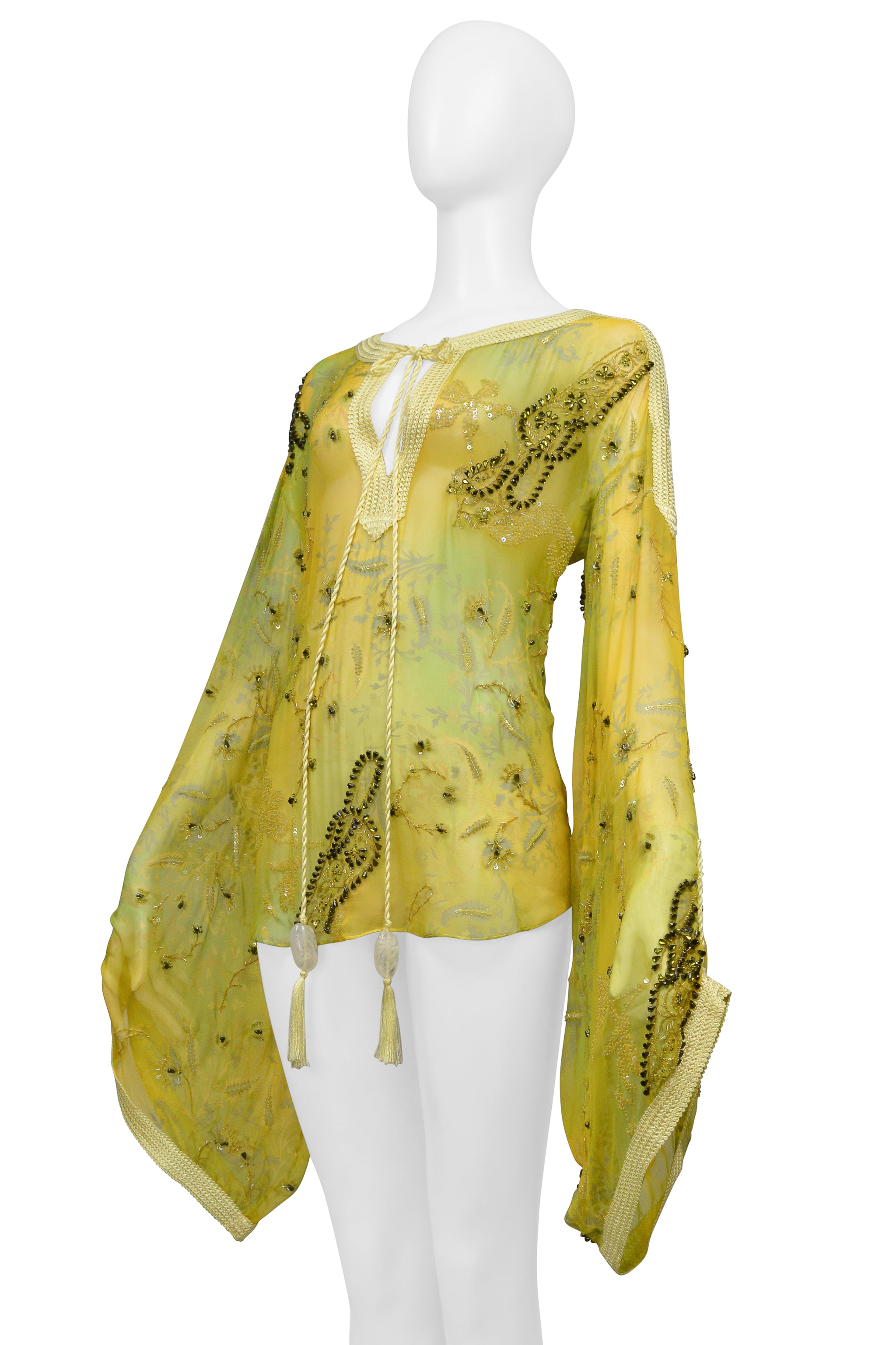 UNGARO YELLOW AND GREEN EMBROIDERED BEAD SILK BLOUSE TOP