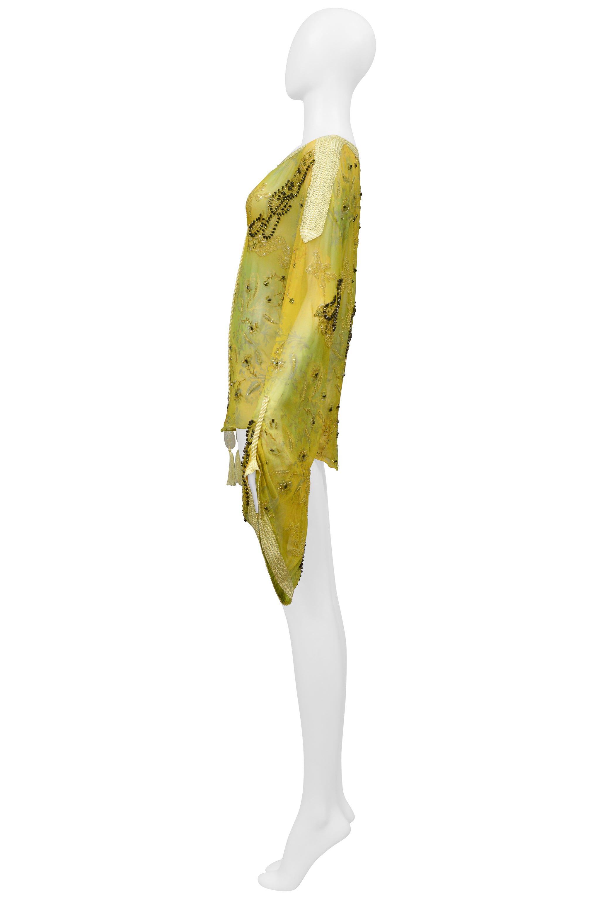 UNGARO YELLOW AND GREEN EMBROIDERED BEAD SILK BLOUSE TOP