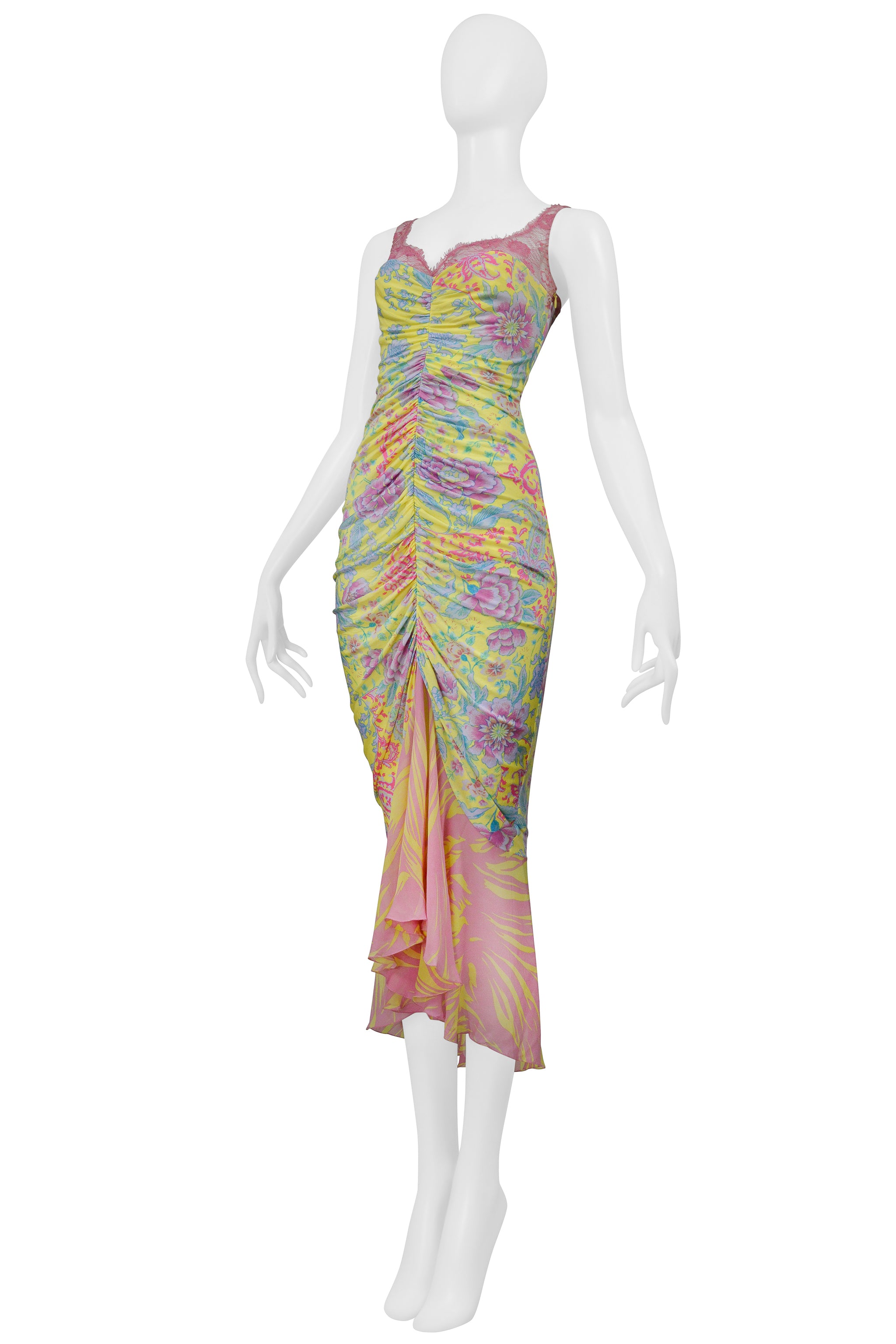 UNGARO BY GIAMBATTISTA VALLI YELLOW AND PINK FLORAL MIXED PRINT DRESS