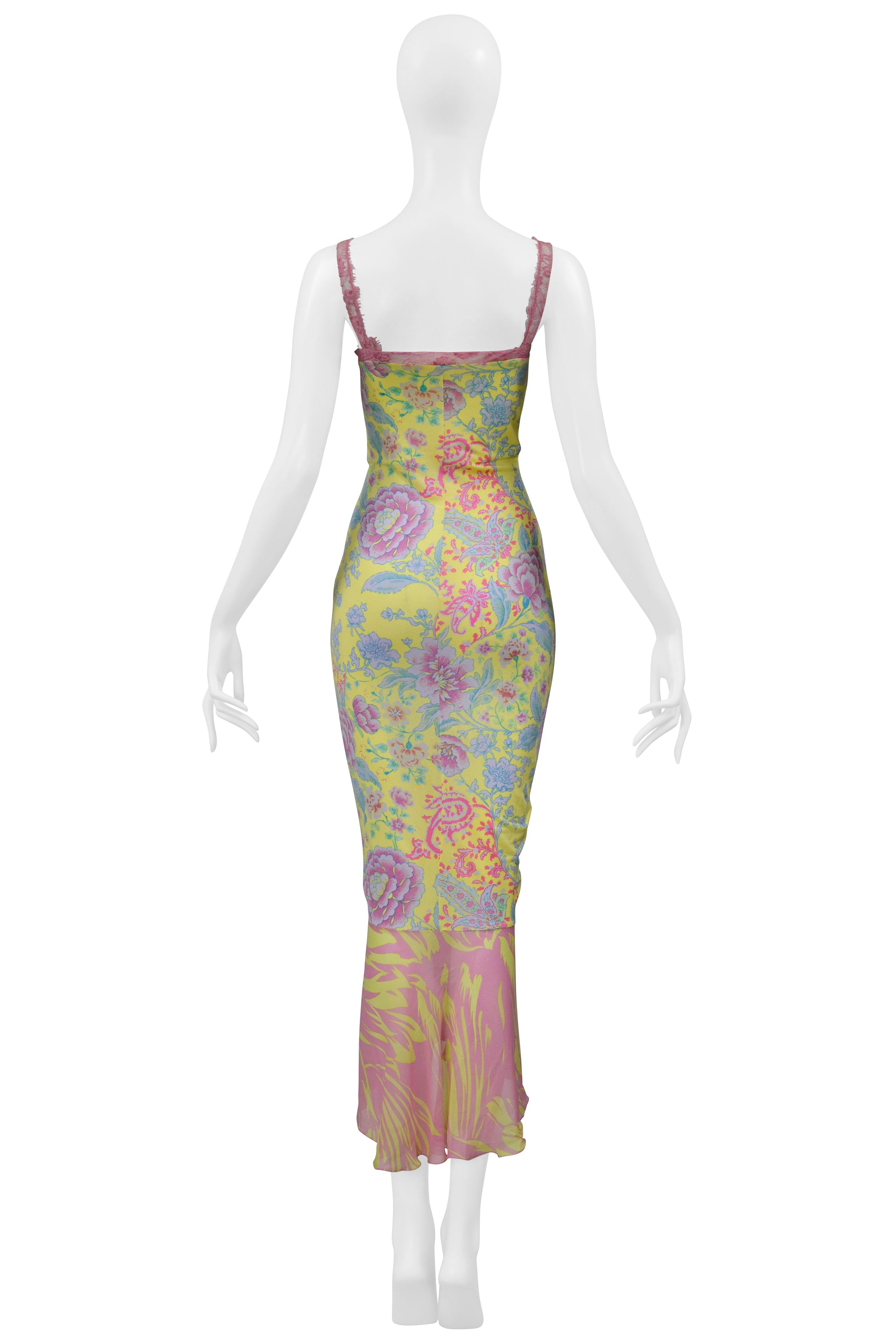 UNGARO BY GIAMBATTISTA VALLI YELLOW AND PINK FLORAL MIXED PRINT DRESS