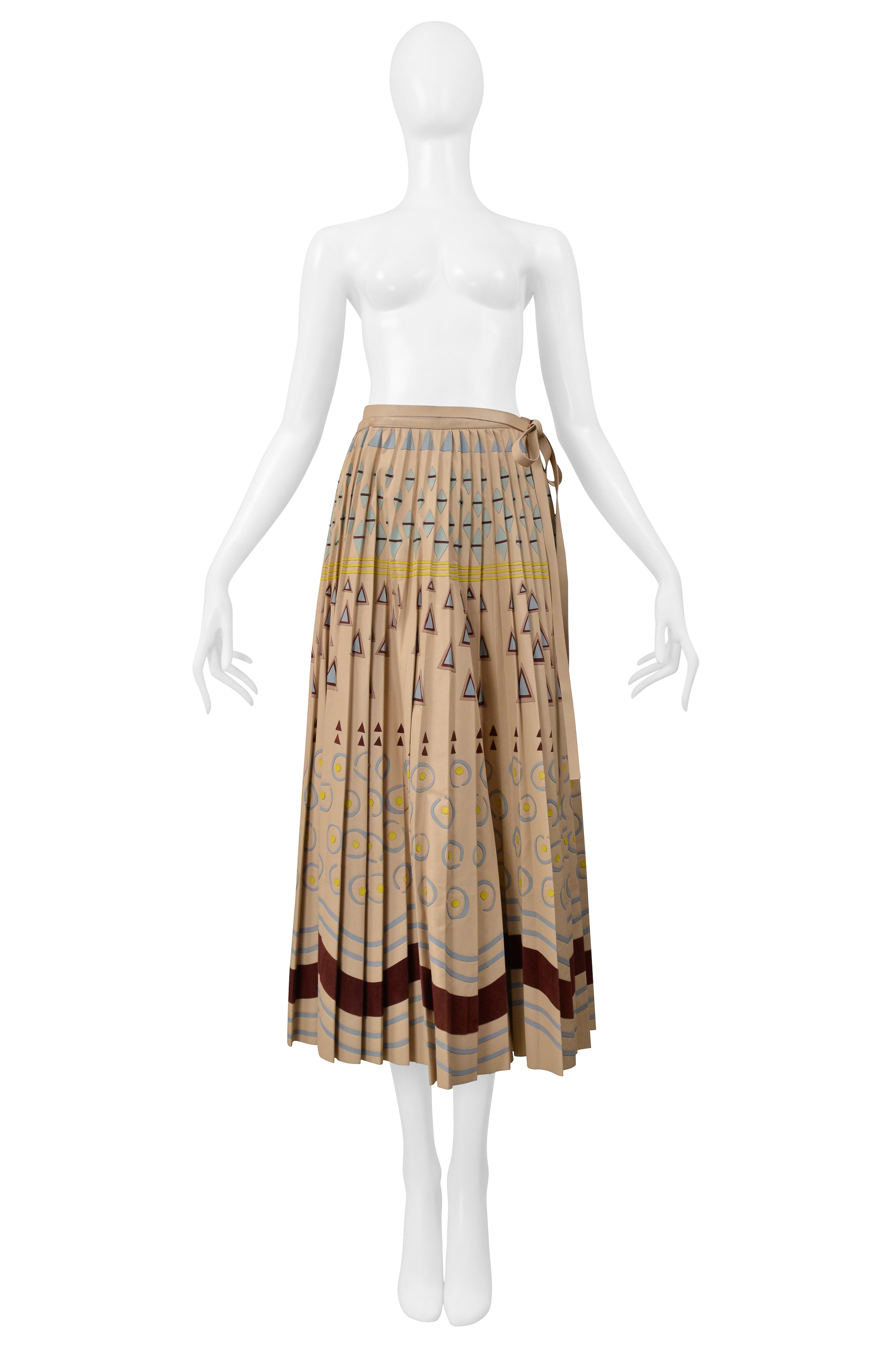 VALENTINO BROWN LEATHER SKIRT WITH PAINTED GEOMETRIC PRINT AND APPLIQUES 2016
