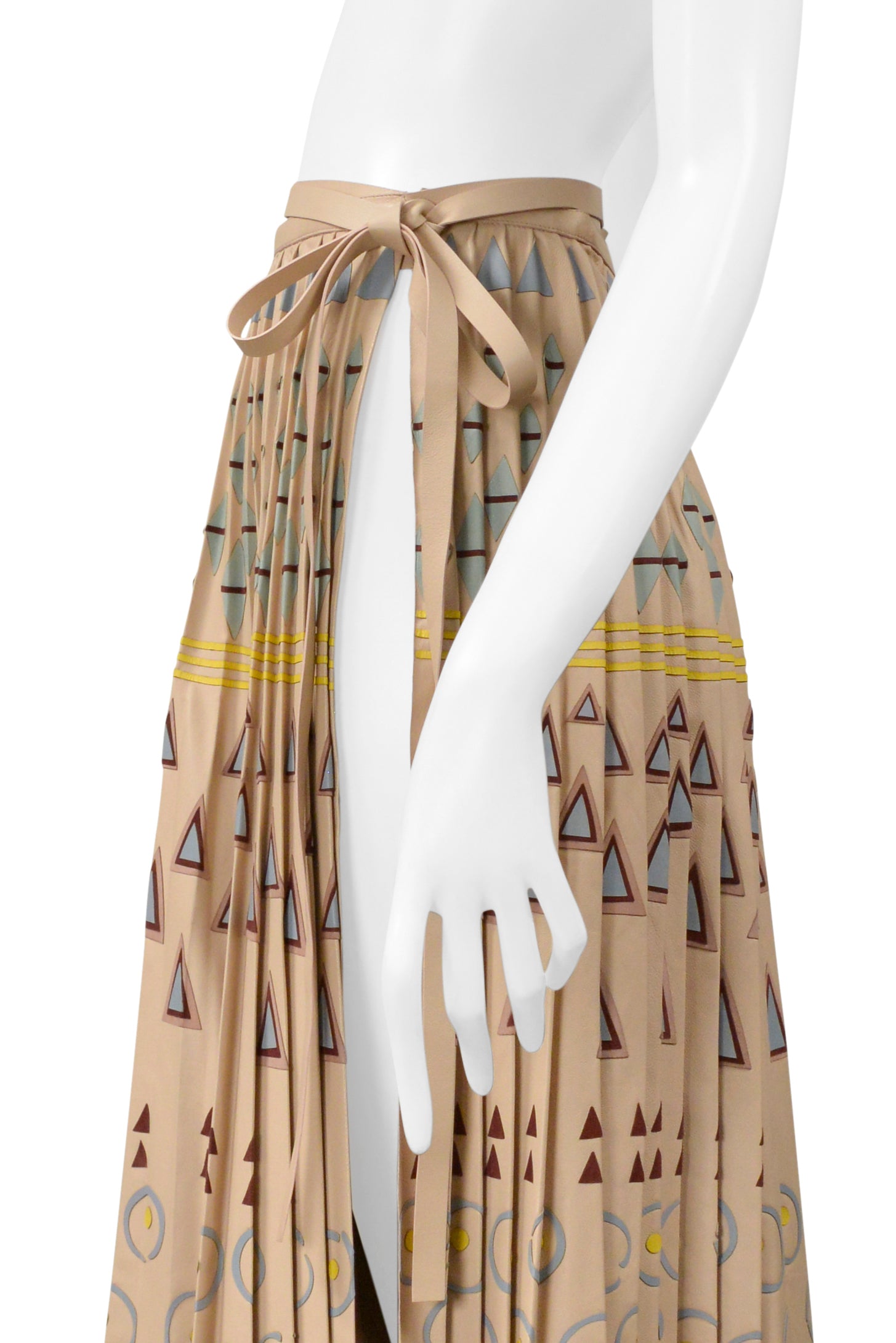 VALENTINO BROWN LEATHER SKIRT WITH PAINTED GEOMETRIC PRINT AND APPLIQUES 2016