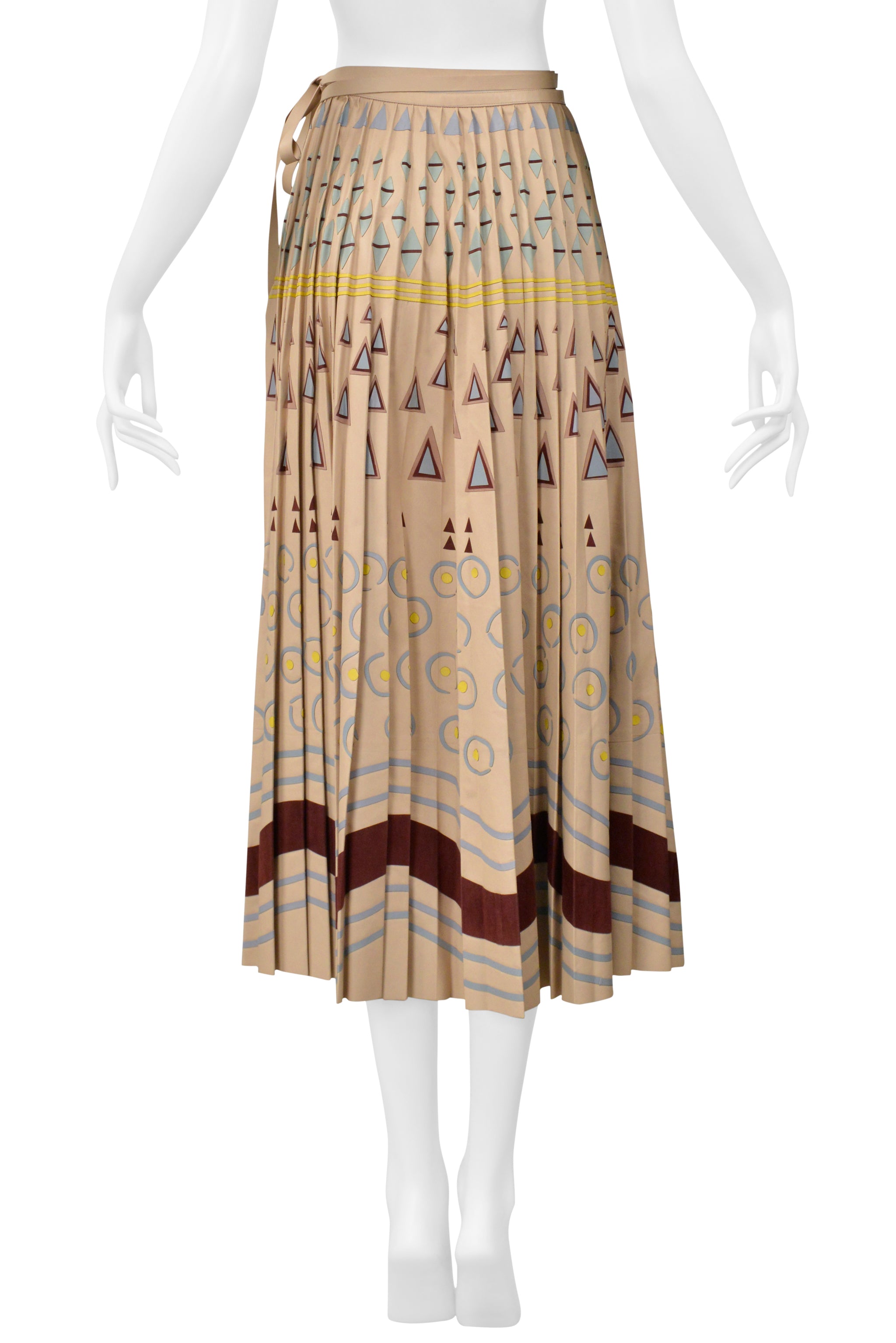 VALENTINO BROWN LEATHER SKIRT WITH PAINTED GEOMETRIC PRINT AND APPLIQUES 2016