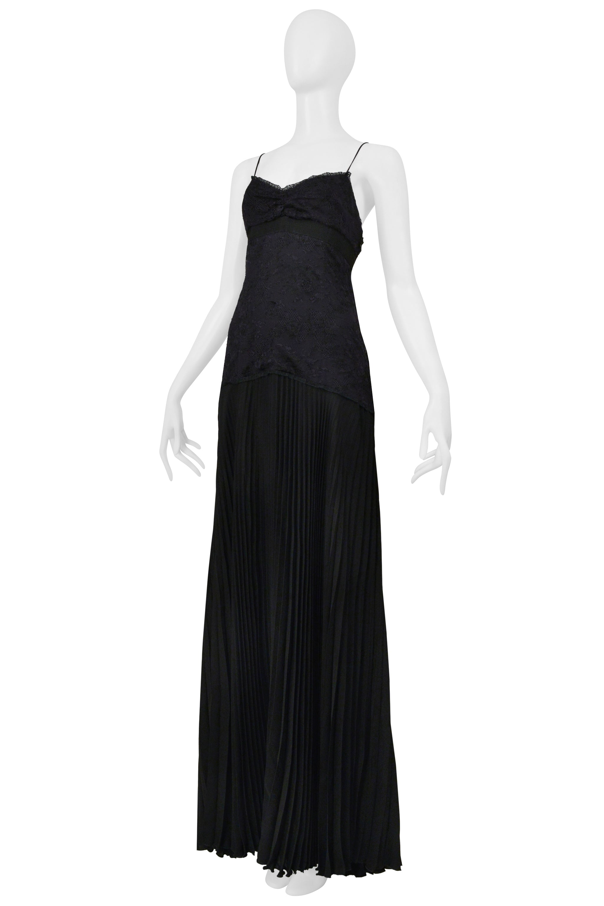 VALENTINO BLACK LACE EVENING GOWN WITH PLEATED SKIRT