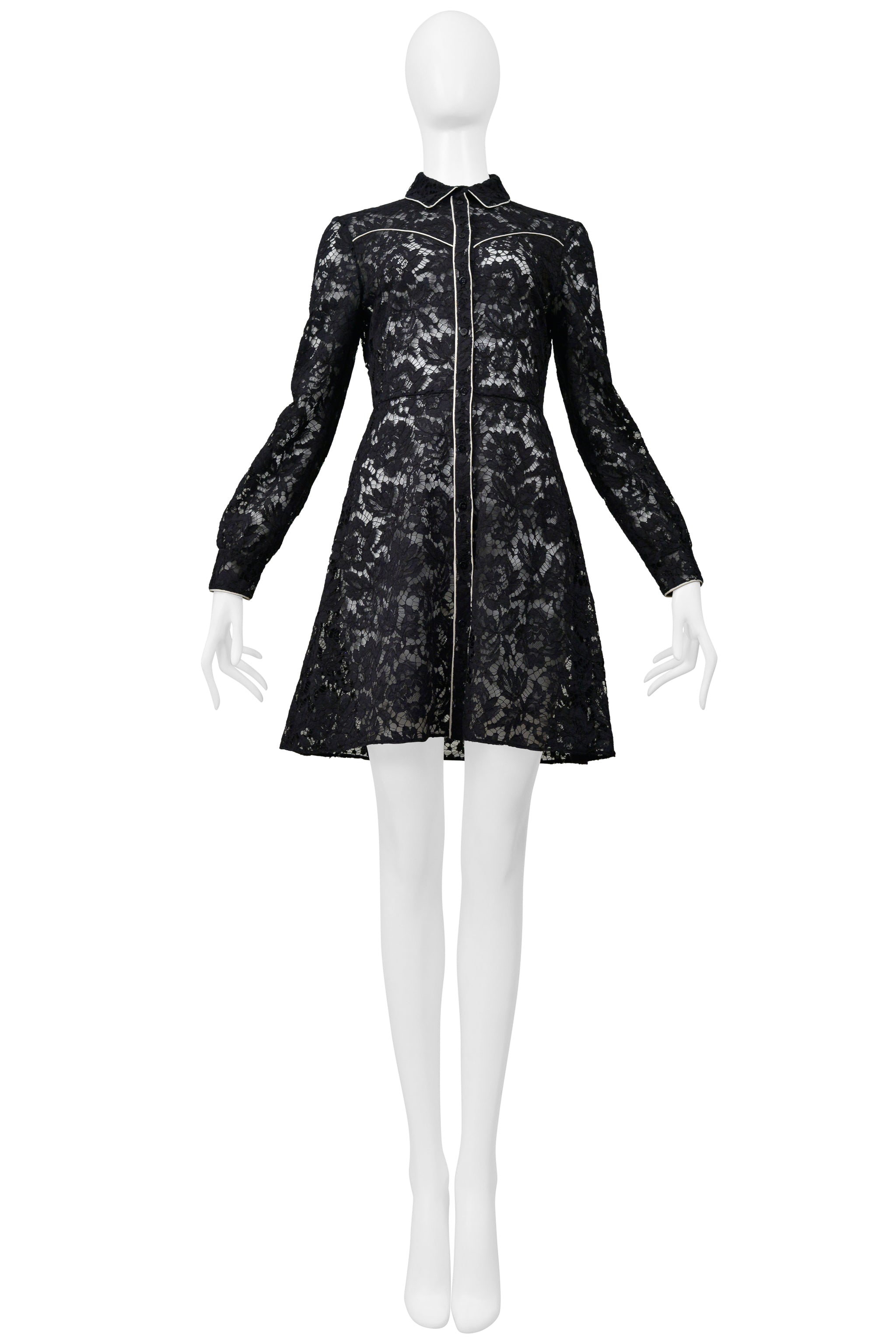 VALENTINO BLACK LACE WESTERN DRESS WITH WHITE PIPING