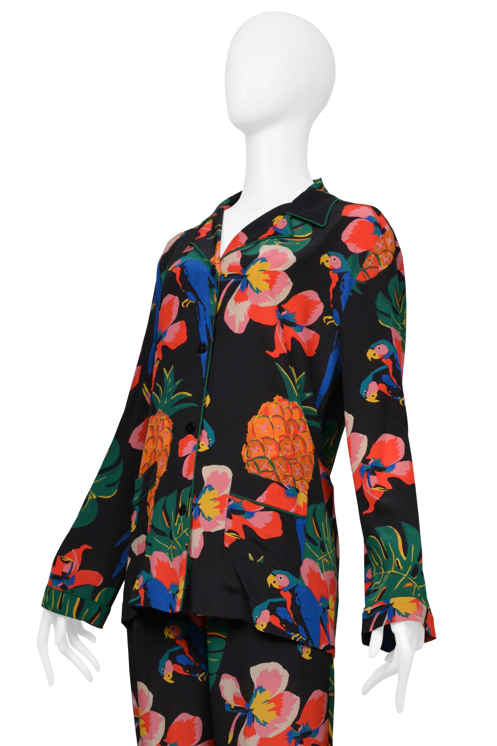 VALENTINO BLACK WITH TROPICAL PRINT SILK PAJAMA SHIRT AND PANTS ENSEMBLE