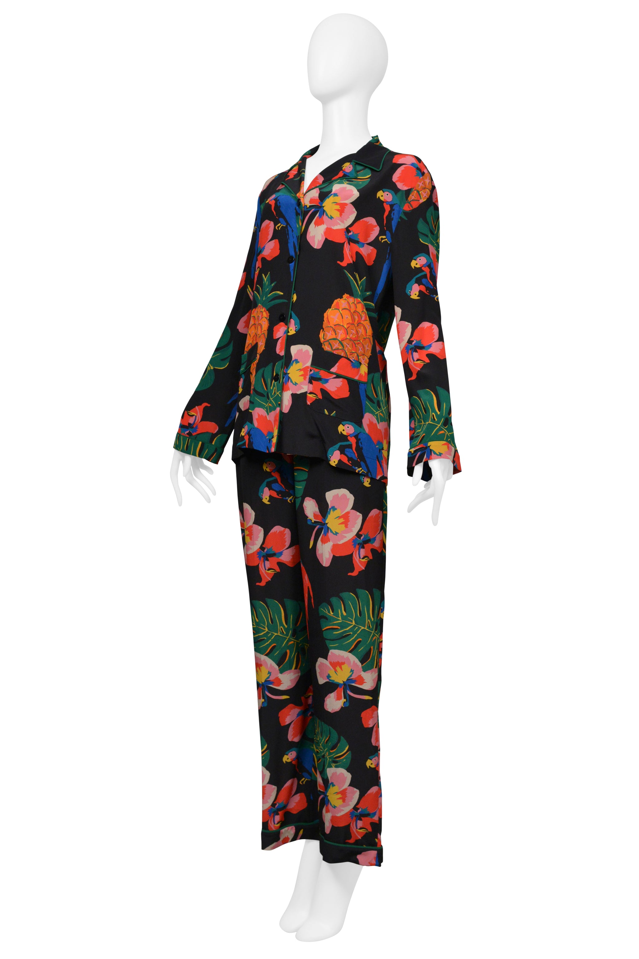 VALENTINO BLACK WITH TROPICAL PRINT SILK PAJAMA SHIRT AND PANTS ENSEMBLE