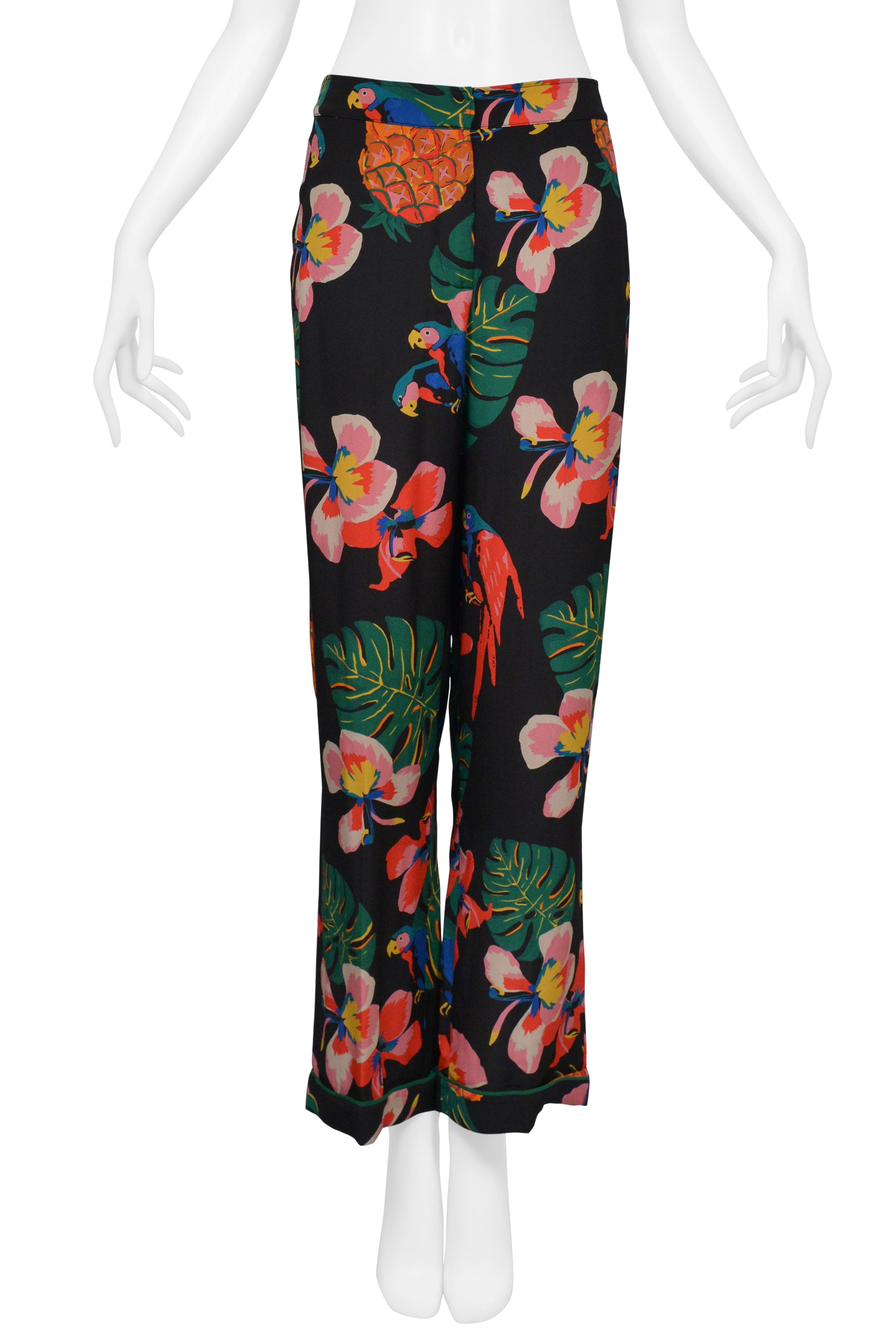 VALENTINO BLACK WITH TROPICAL PRINT SILK PAJAMA SHIRT AND PANTS ENSEMBLE