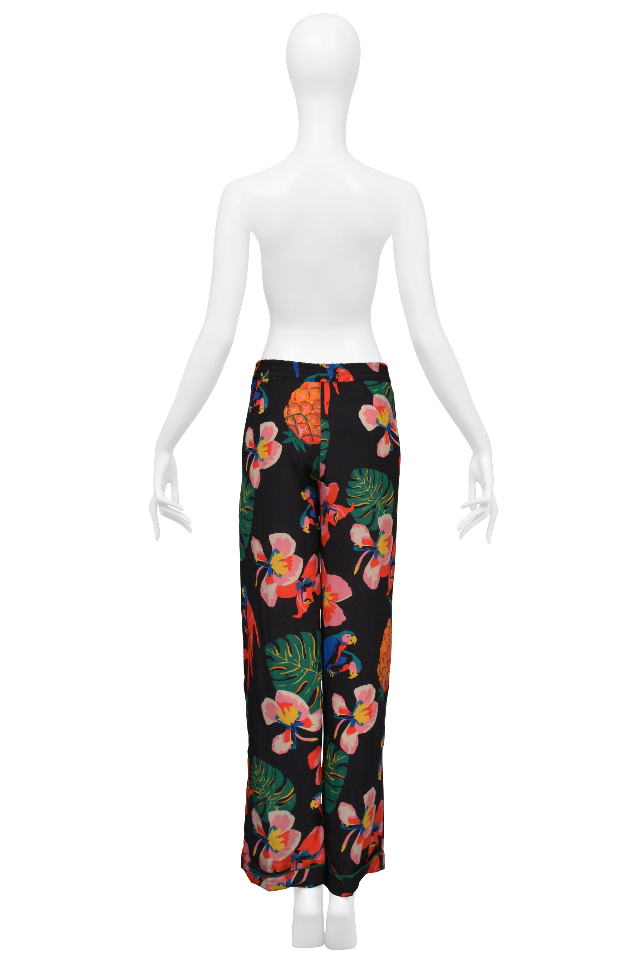 VALENTINO BLACK WITH TROPICAL PRINT SILK PAJAMA SHIRT AND PANTS ENSEMBLE