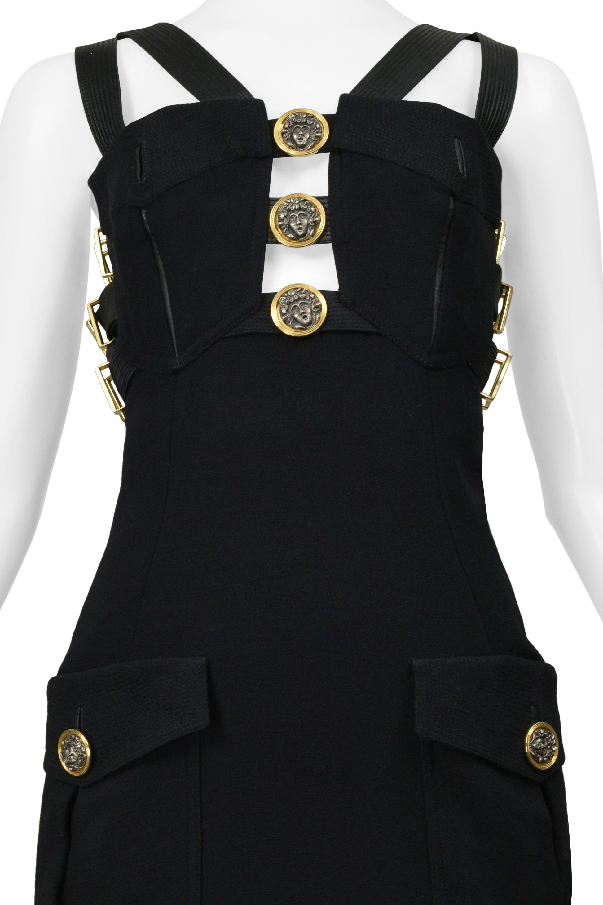 VERSACE BLACK BONDAGE DRESS W GOLD HARDWARE 1992