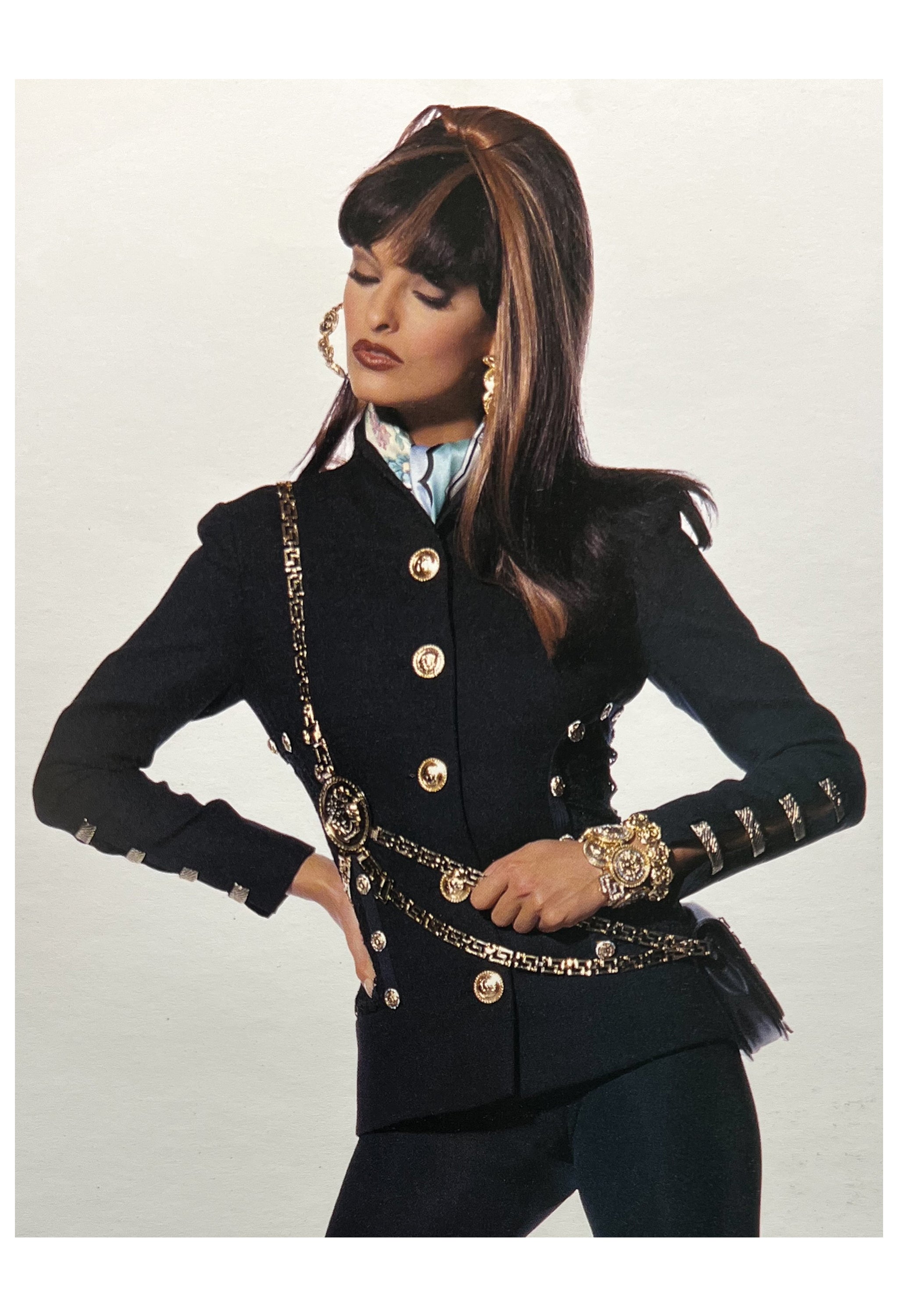 VERSACE NAVY BLAZER JACKET WITH LACE BACK & GOLD BUTTONS SS 1992