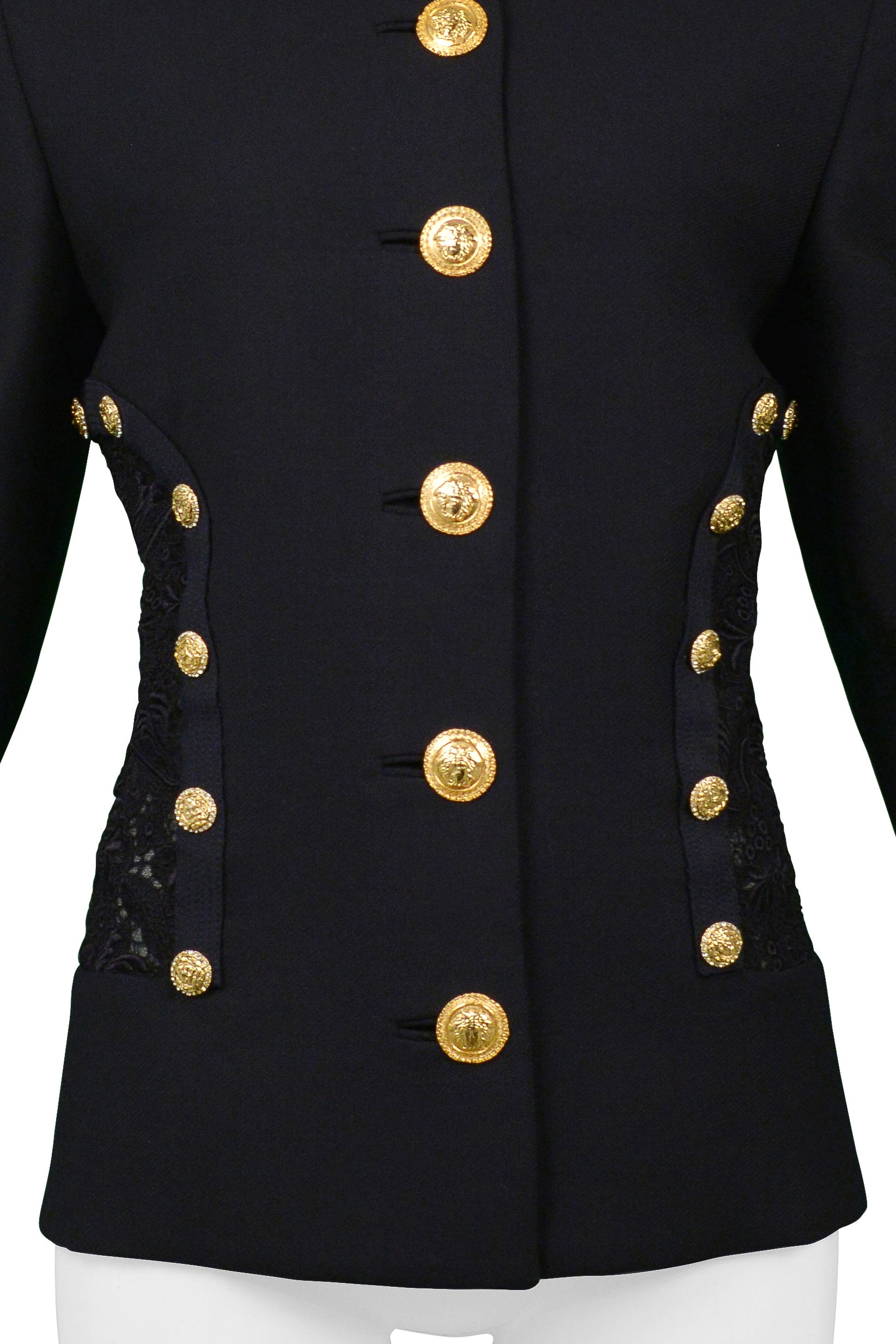VERSACE NAVY BLAZER JACKET WITH LACE BACK & GOLD BUTTONS SS 1992