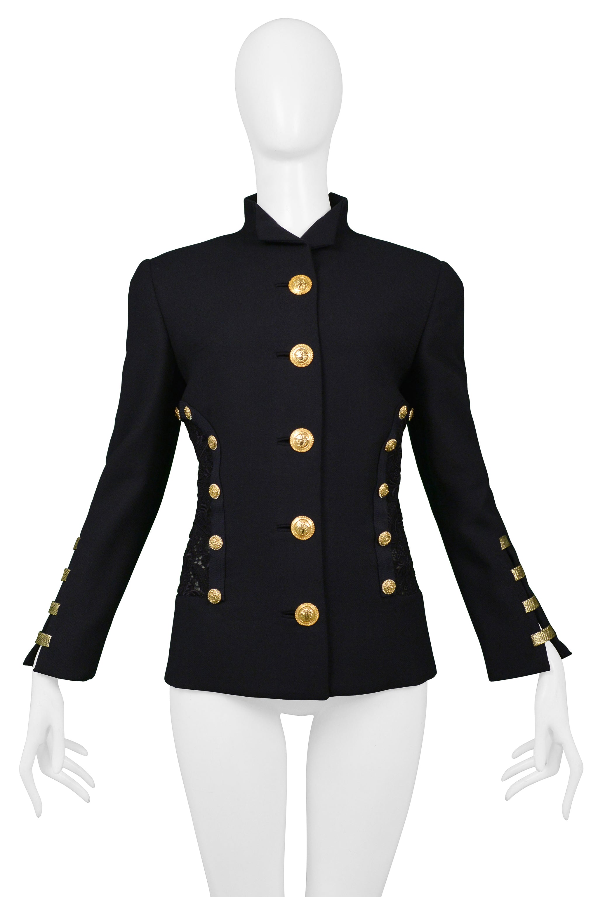VERSACE NAVY BLAZER JACKET WITH LACE BACK & GOLD BUTTONS SS 1992