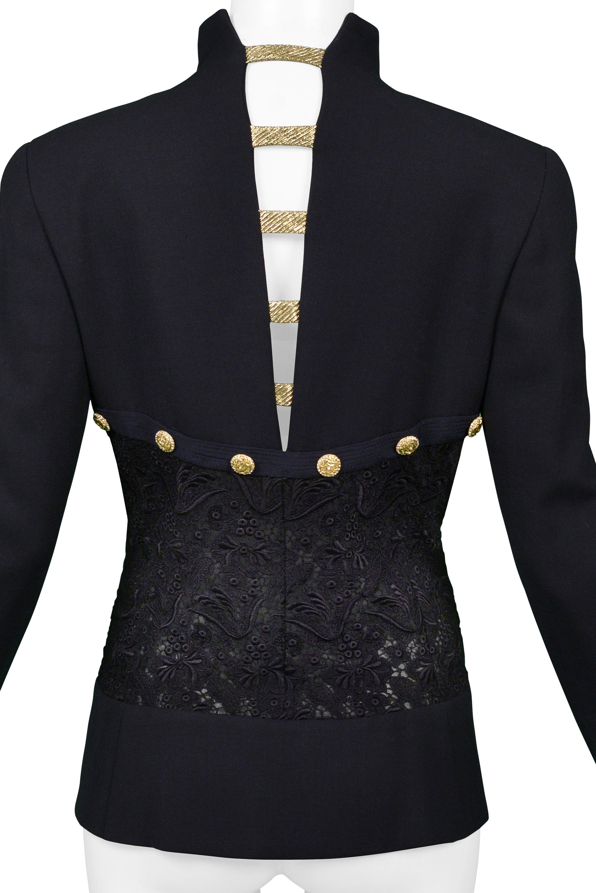 VERSACE NAVY BLAZER JACKET WITH LACE BACK & GOLD BUTTONS SS 1992