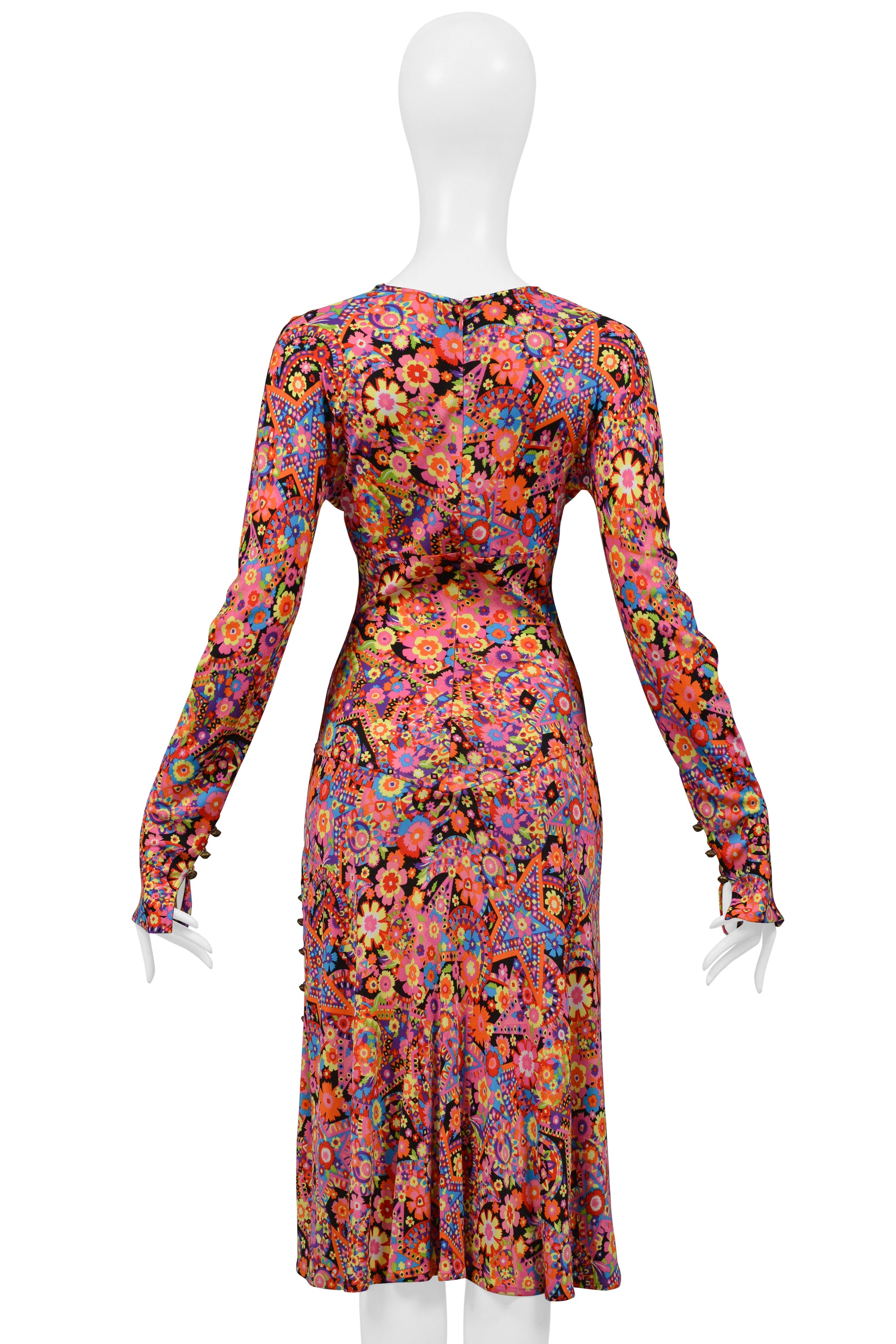 VERSACE MULTICOLOR FLORAL PRINT DAY DRESS WITH PLUNGING NECKLINE 2002