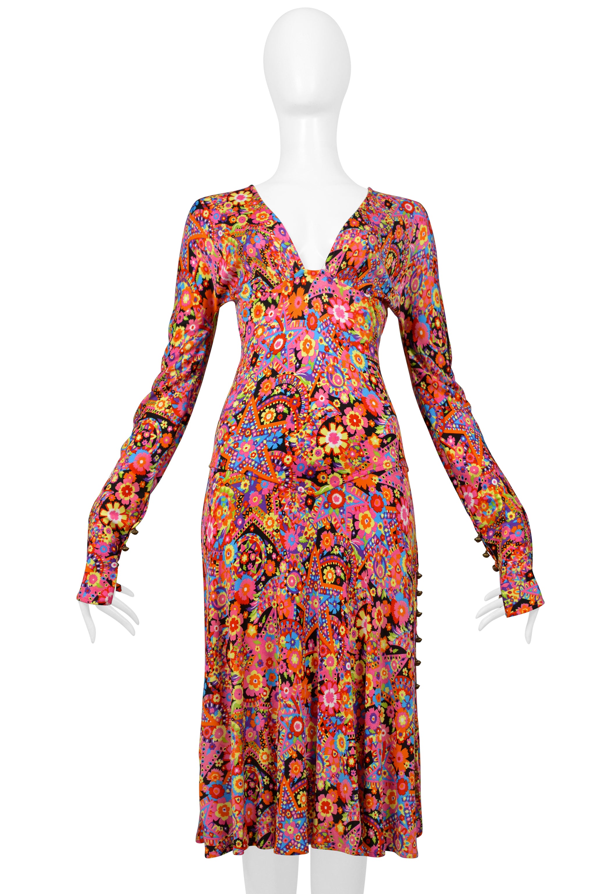 VERSACE MULTICOLOR FLORAL PRINT DAY DRESS WITH PLUNGING NECKLINE 2002