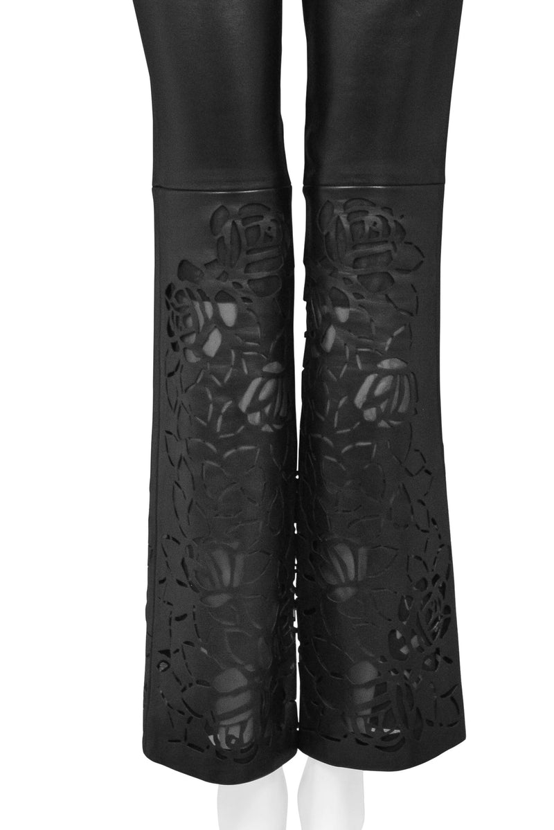 VERSACE BLACK LEATHER PANTS WITH FLORAL LASER CUTOUTS