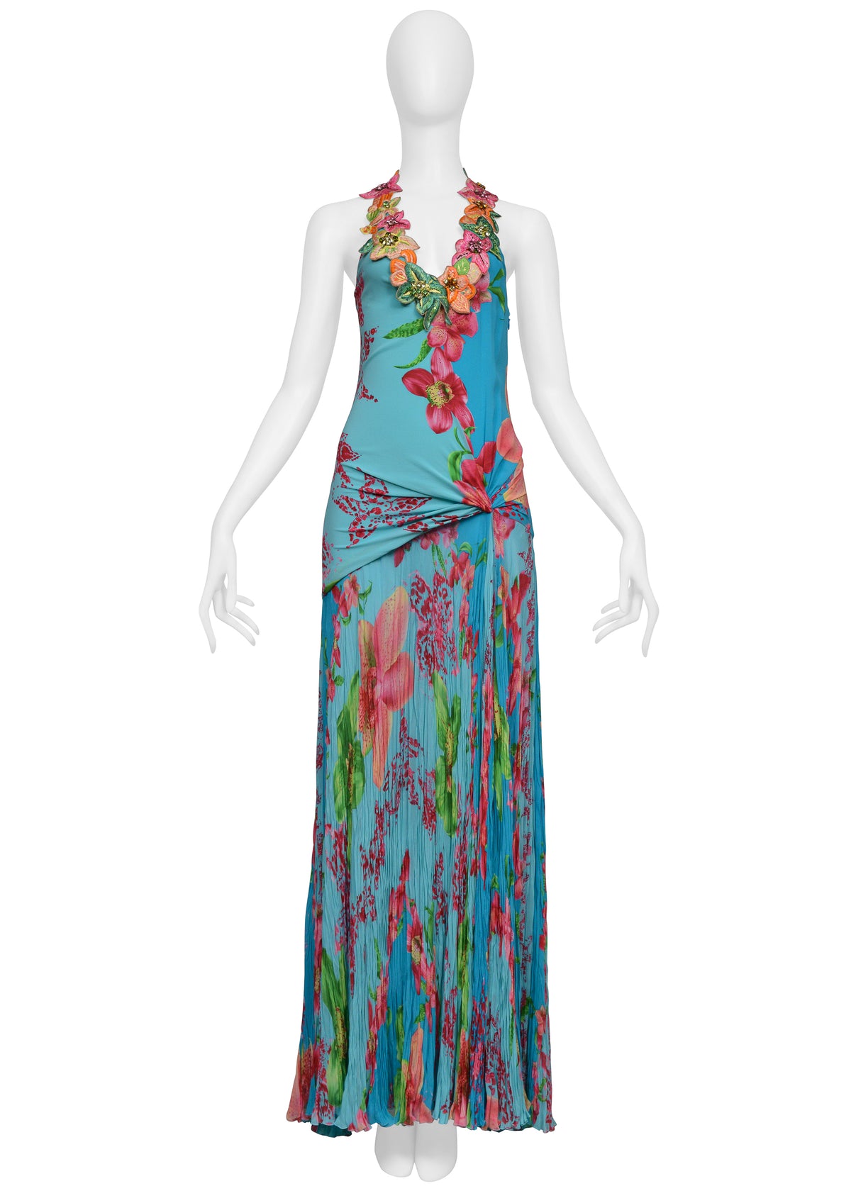 VERSACE BLUE FLORAL GOWN WITH BEADED APPLIQUES