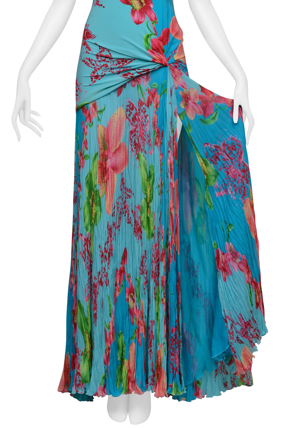 VERSACE BLUE FLORAL GOWN WITH BEADED APPLIQUES