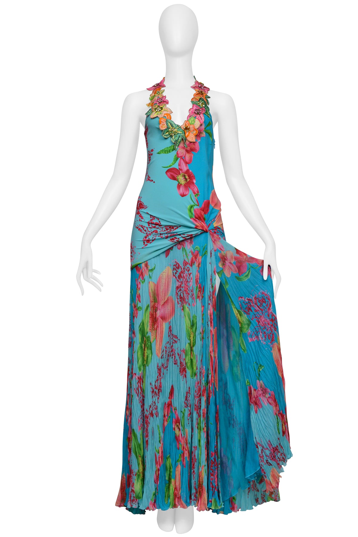 VERSACE BLUE FLORAL GOWN WITH BEADED APPLIQUES