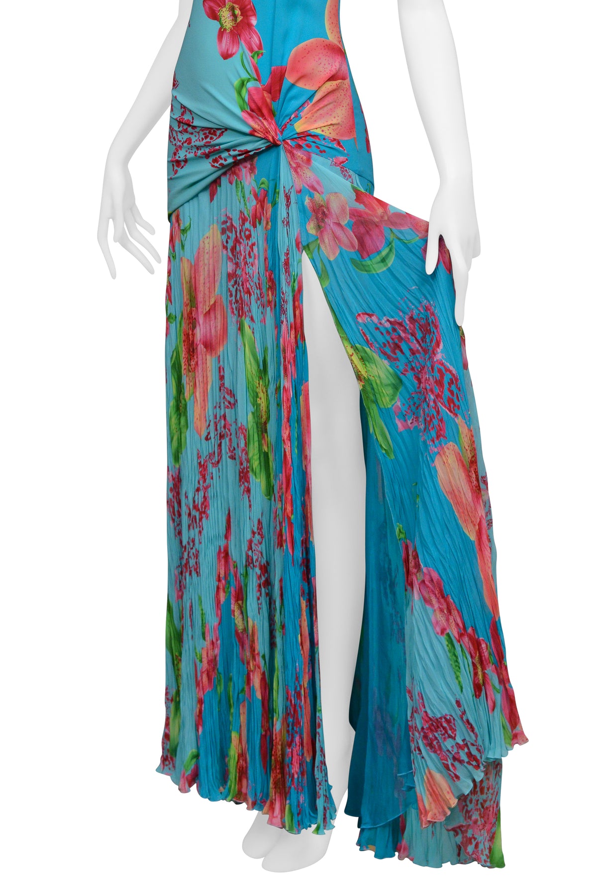 VERSACE BLUE FLORAL GOWN WITH BEADED APPLIQUES