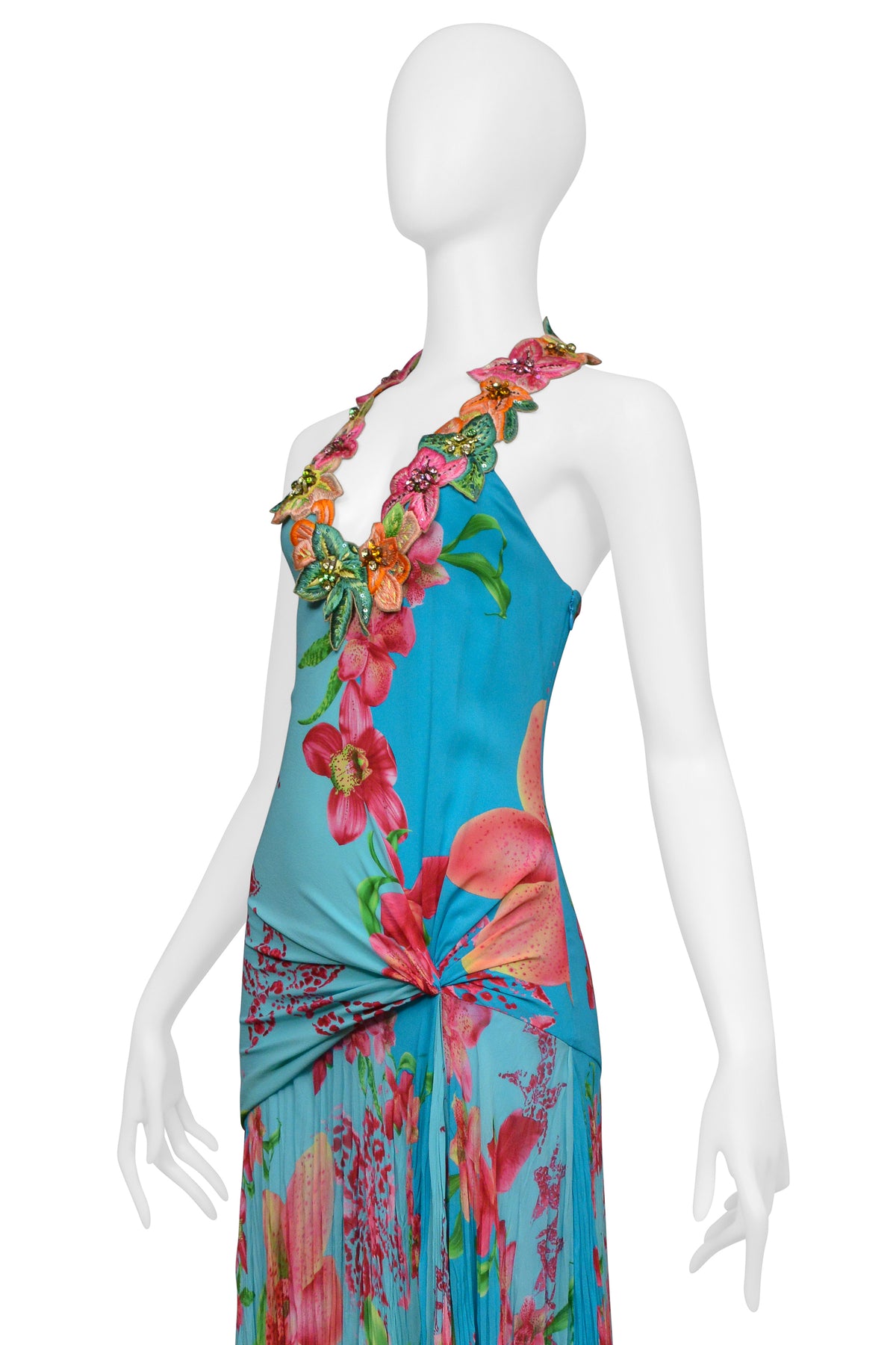 VERSACE BLUE FLORAL GOWN WITH BEADED APPLIQUES