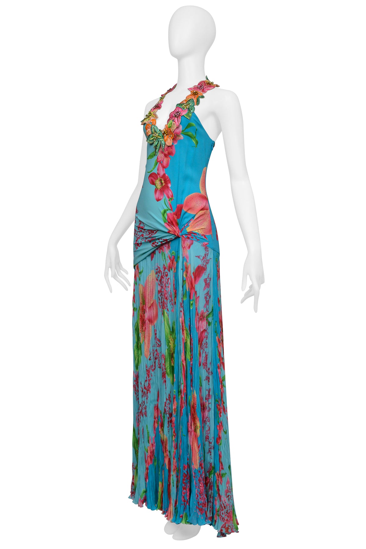 VERSACE BLUE FLORAL GOWN WITH BEADED APPLIQUES