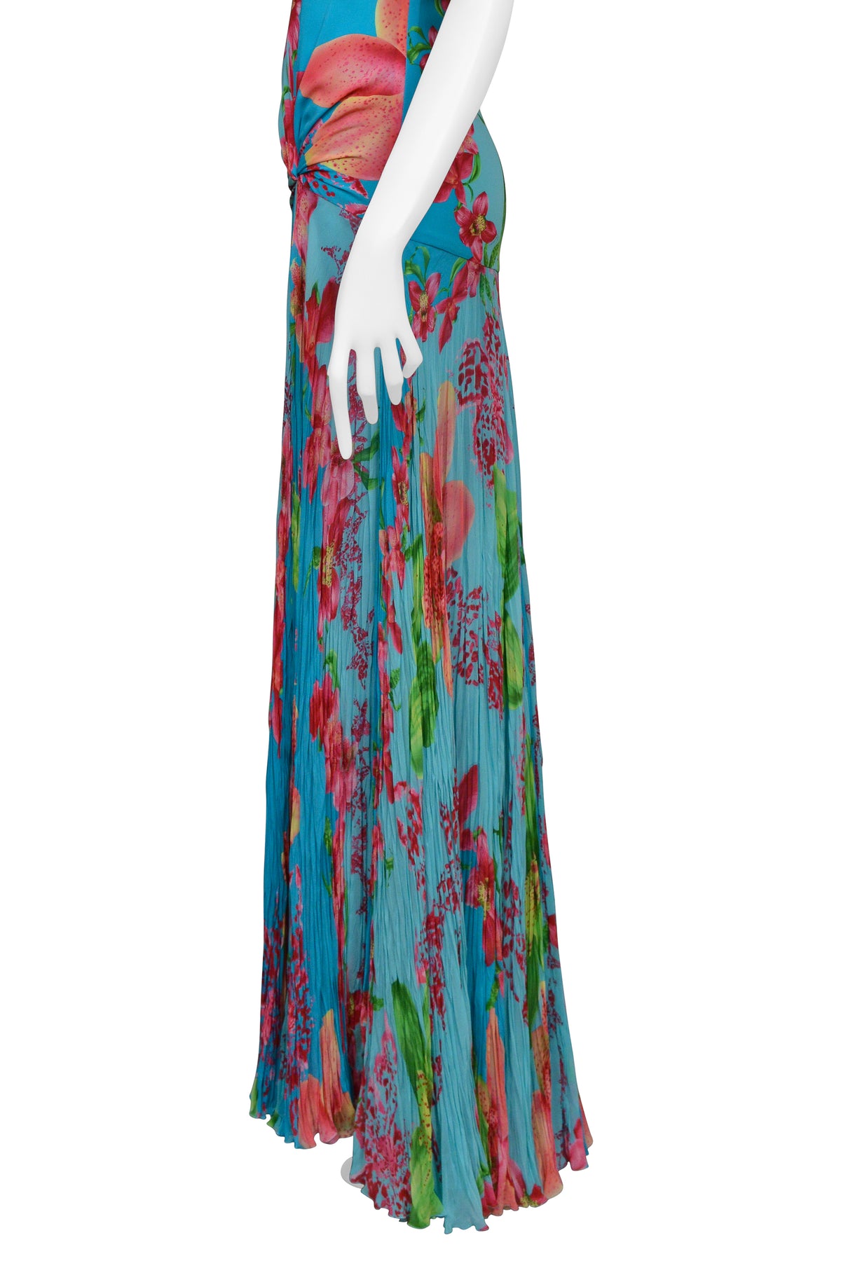 VERSACE BLUE FLORAL GOWN WITH BEADED APPLIQUES