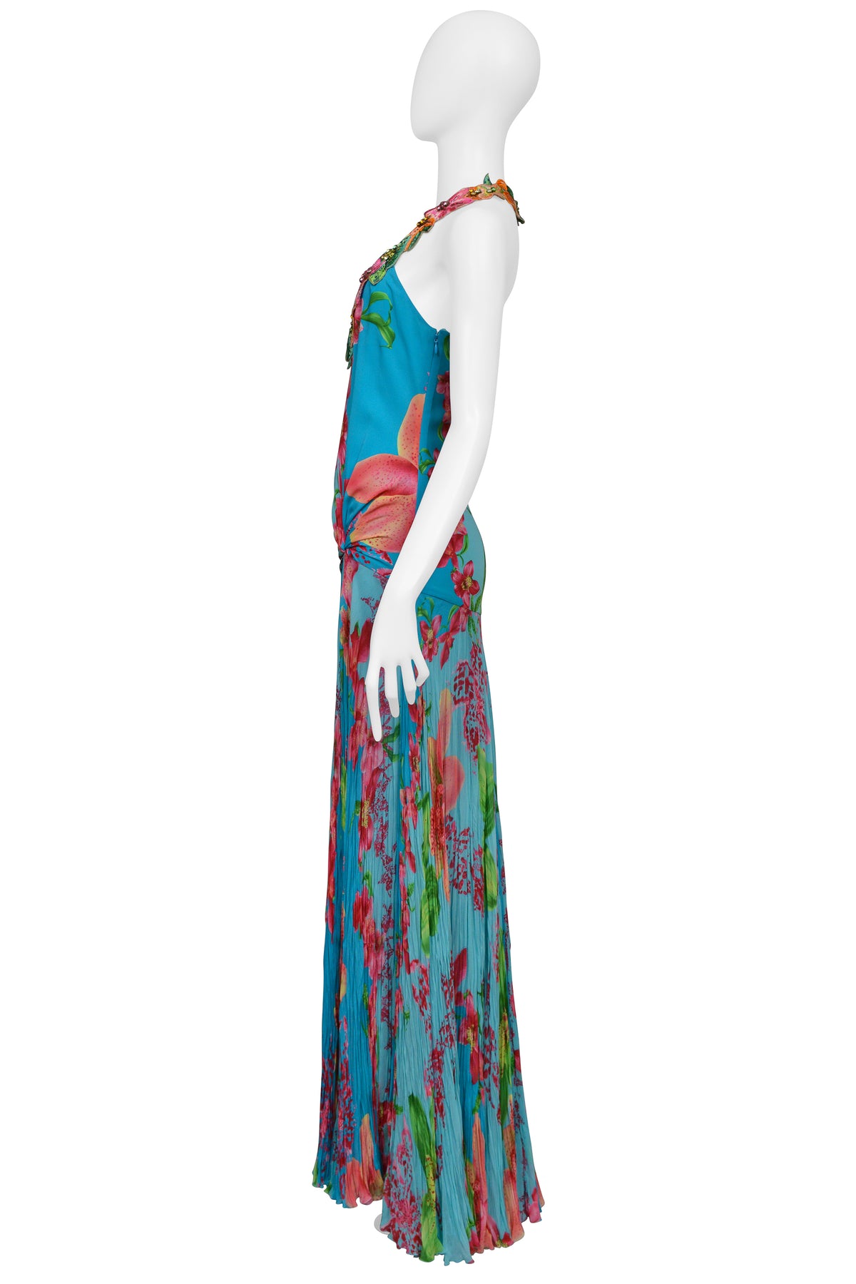 VERSACE BLUE FLORAL GOWN WITH BEADED APPLIQUES