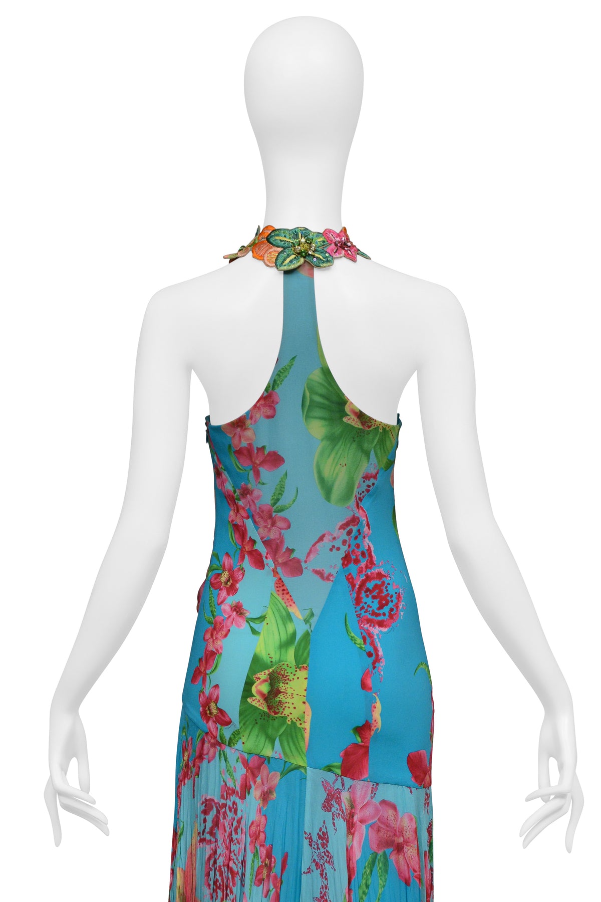 VERSACE BLUE FLORAL GOWN WITH BEADED APPLIQUES