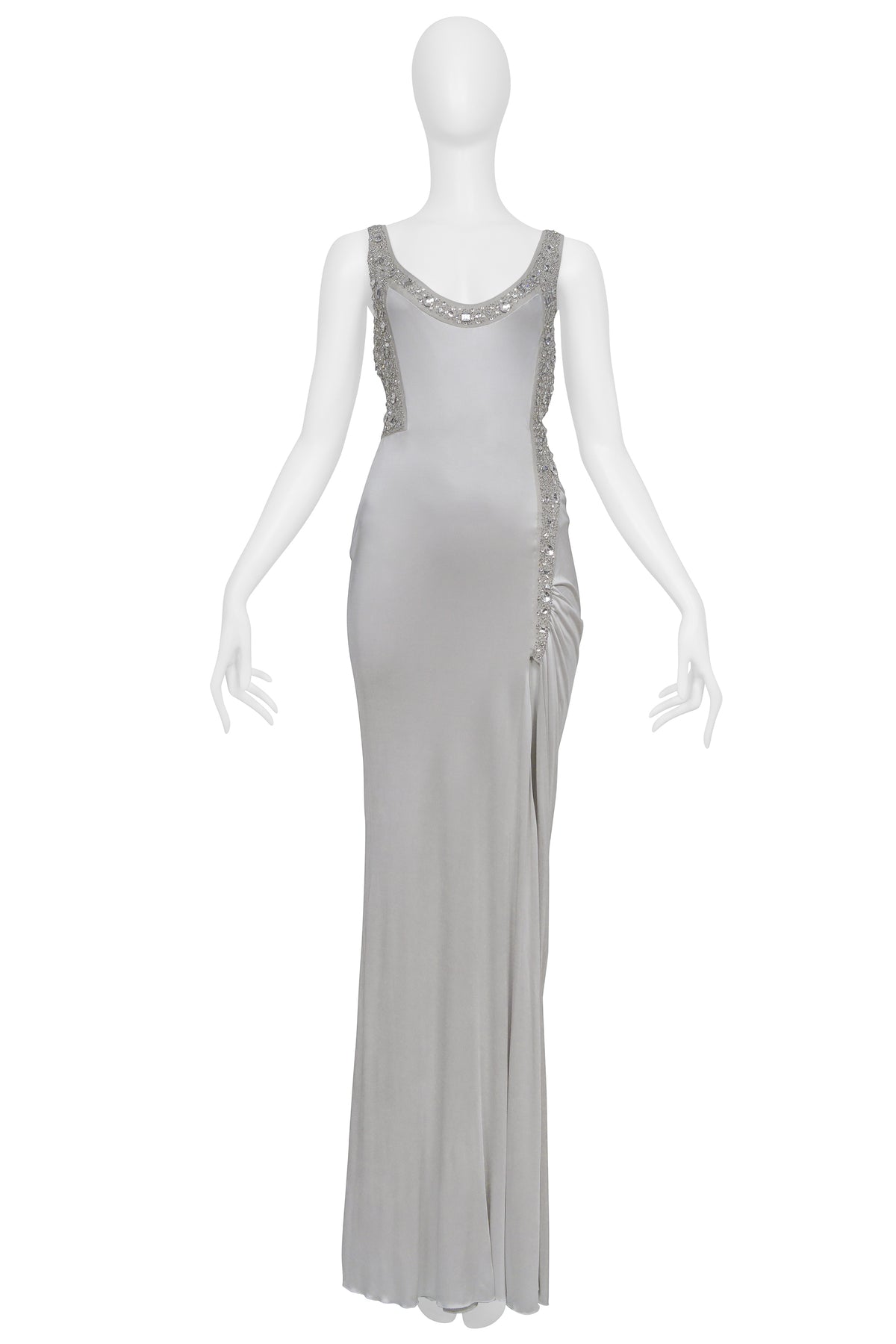 VERSACE SILVER GOWN WITH RHINESTONE BEADING AT STRAPS 2006