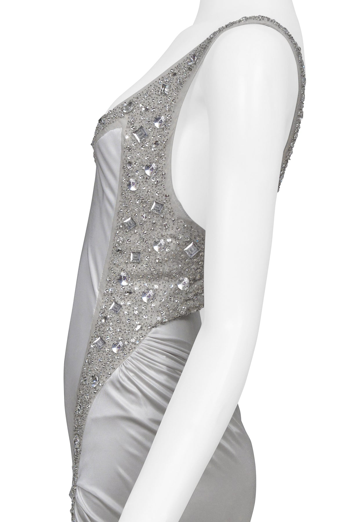 VERSACE SILVER GOWN WITH RHINESTONE BEADING AT STRAPS 2006